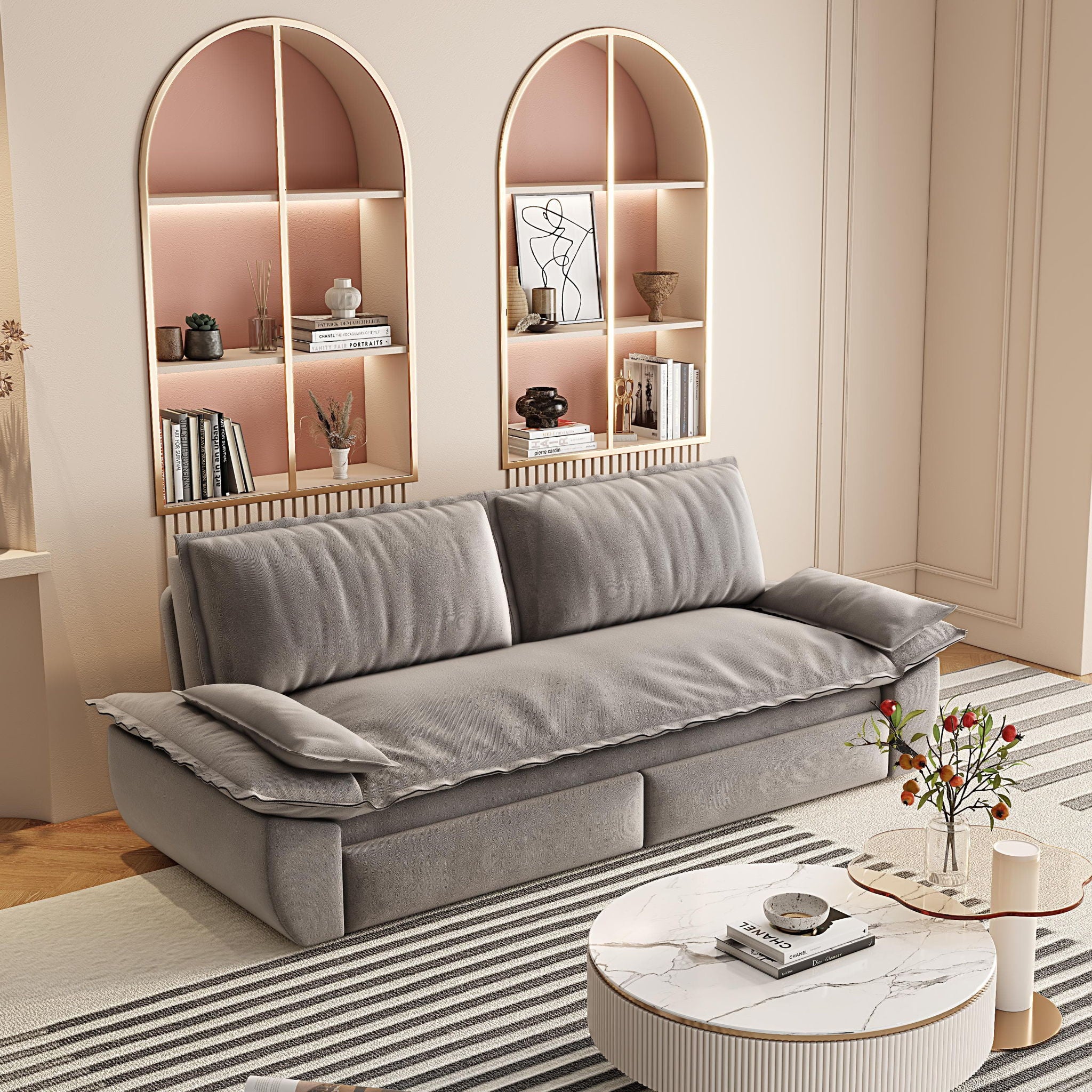 Queen Pull Out 3 In 1 Convertible Sleeper Sofa With Side Storage