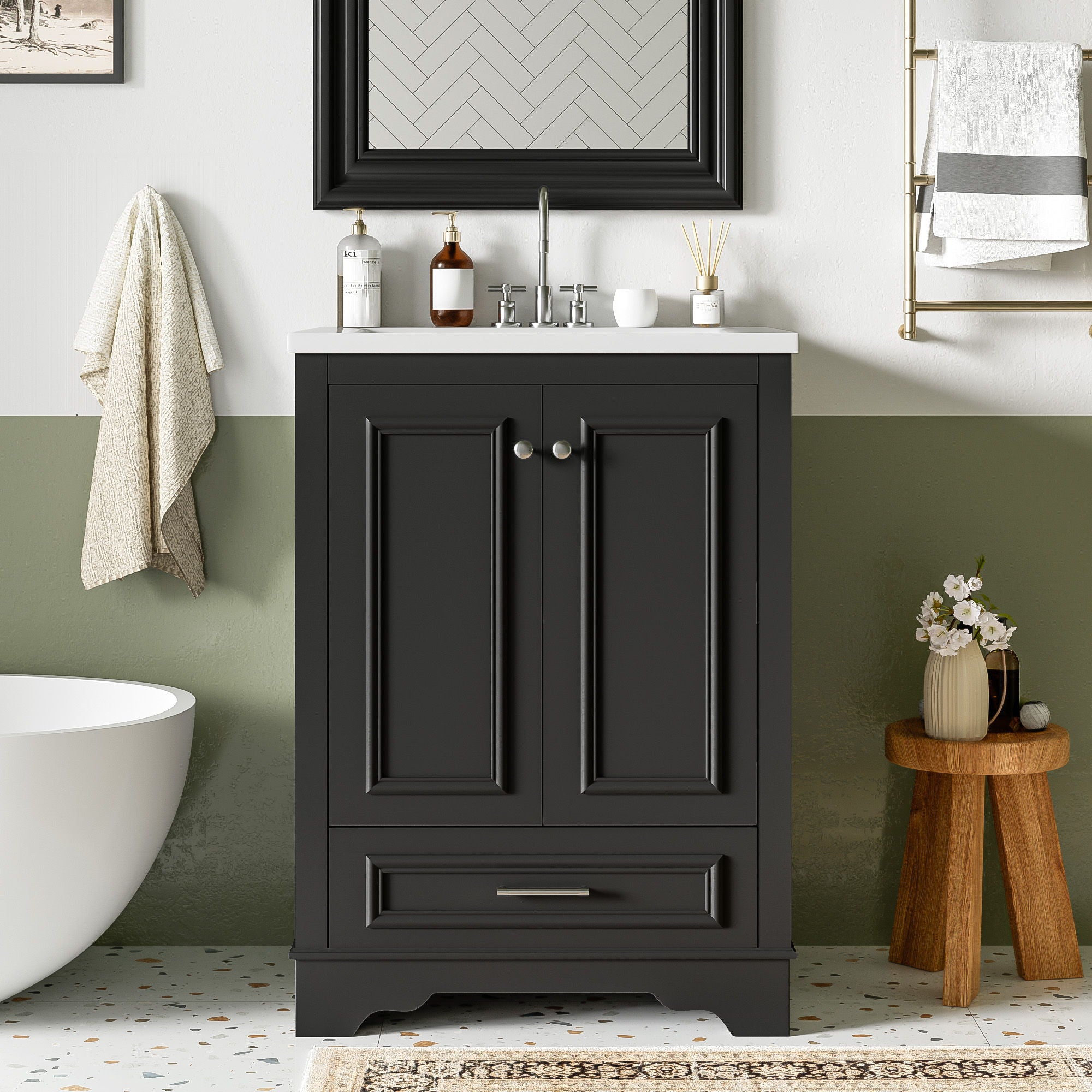Bathroom Vanity With Ceramic Sink Combo, Modern Freestanding Storage Cabinet With Silver Handles