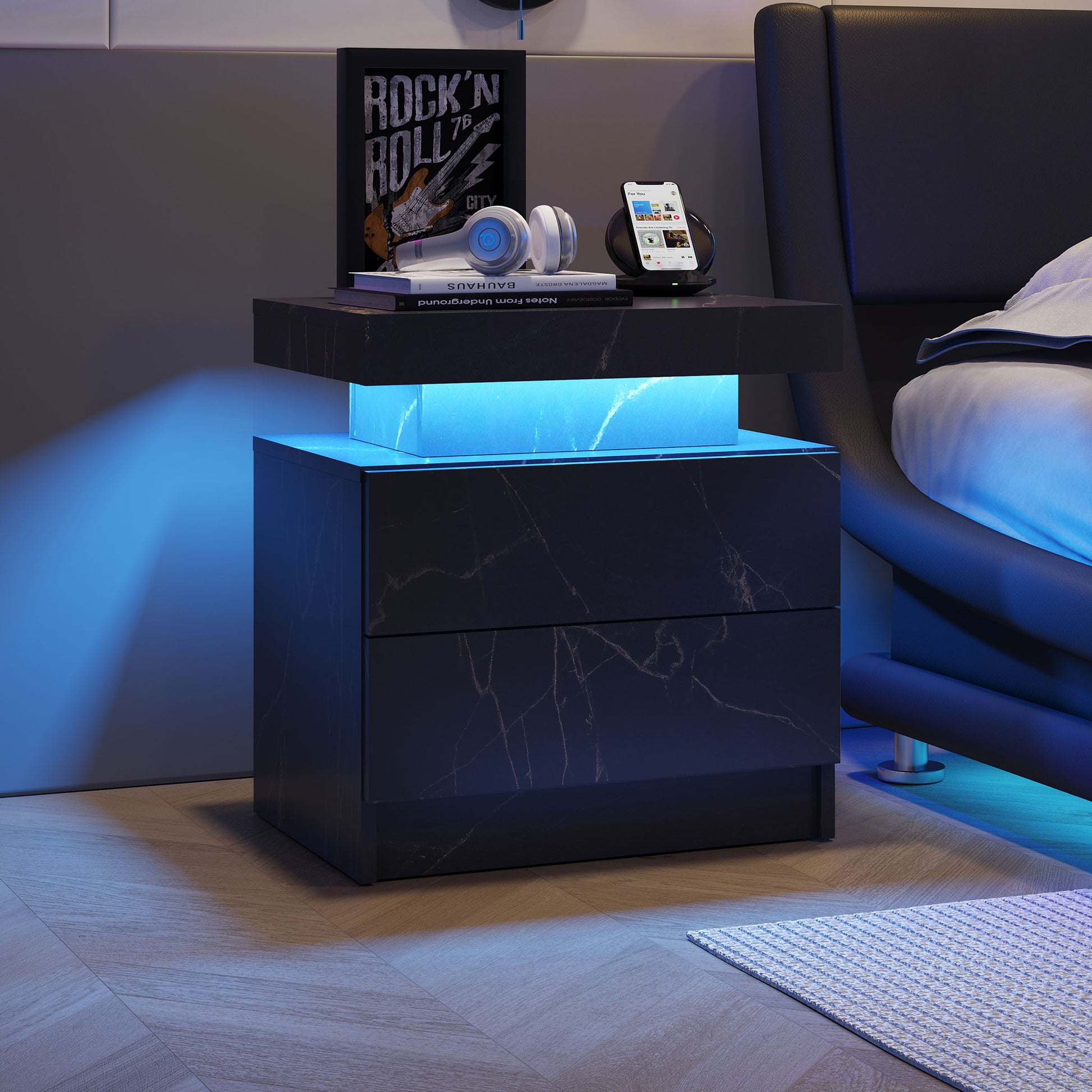 Nightstand LED, Bedside Table Cabinet With 2 Drawers For Bedroom - Best Buy Furniture