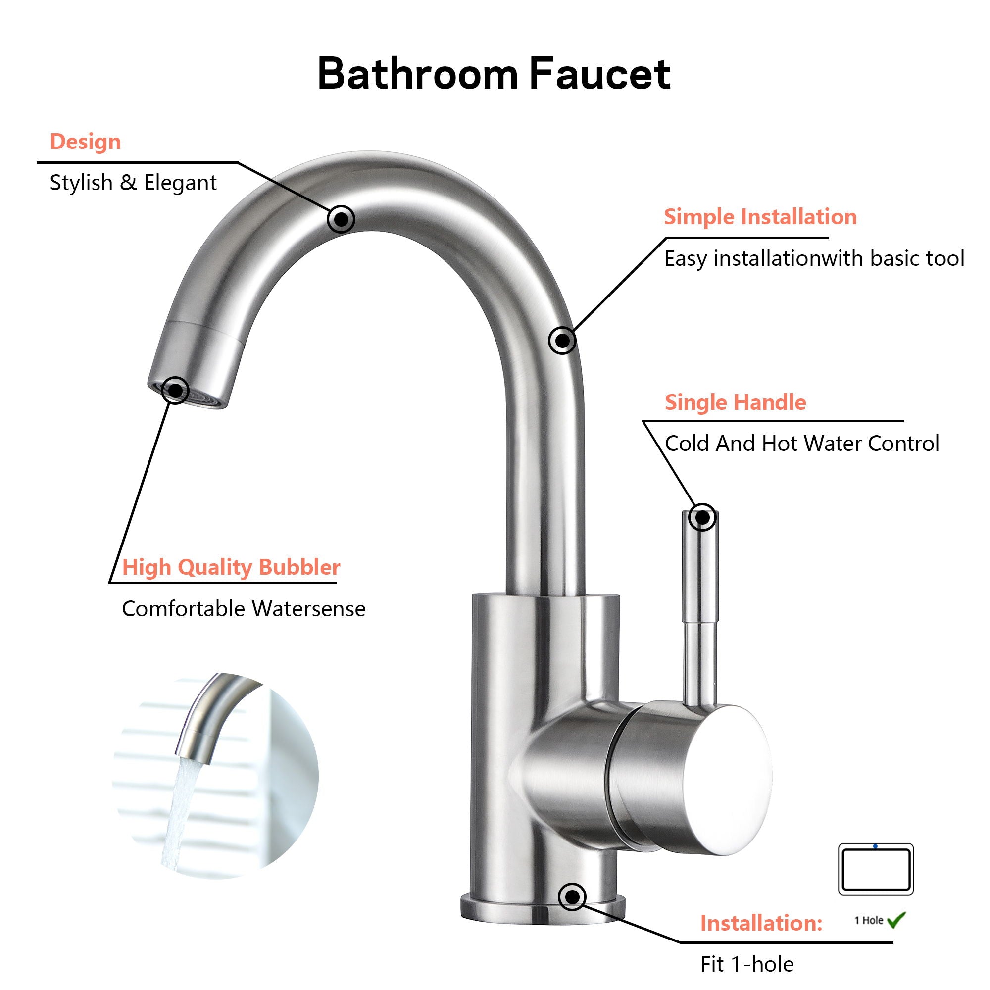 Modern Bathroom Faucet Single Hole Single Handle
