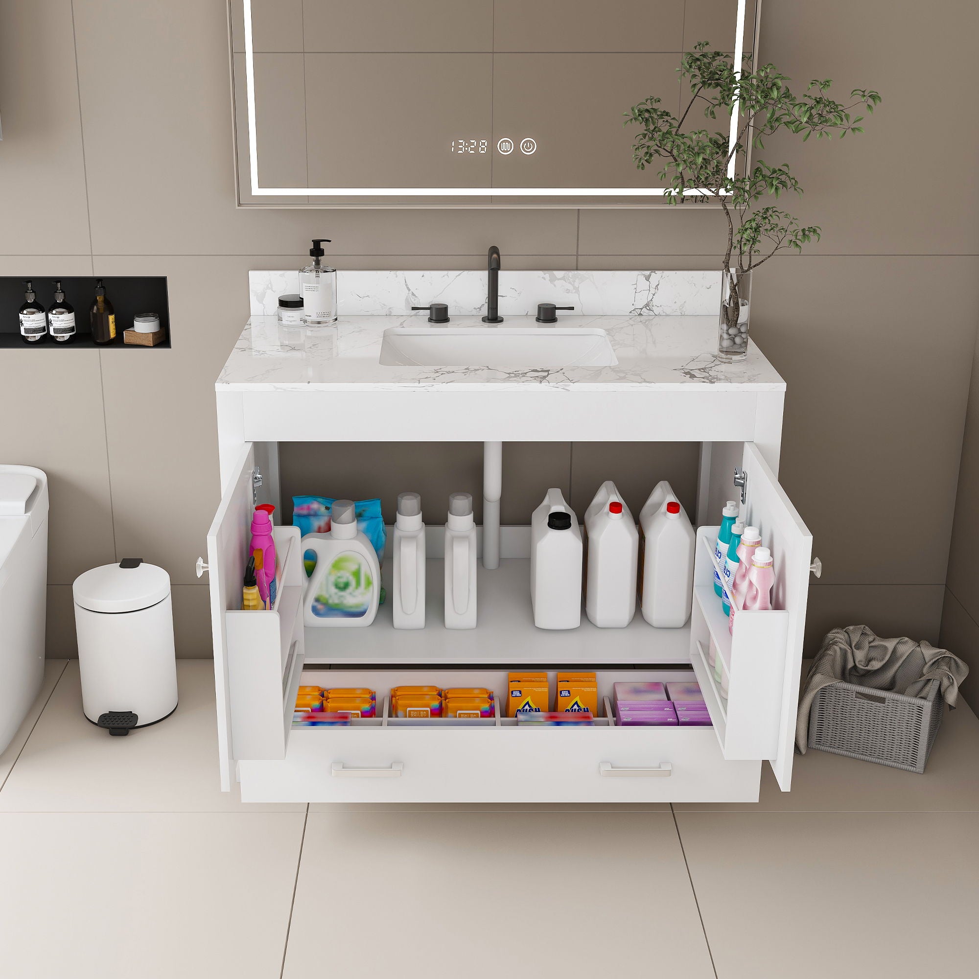 43" Bathroom Vanity With Artificial Marble Carrara Top Set, Multi Functional Bathroom Cabinet With Doors And Drawer - White