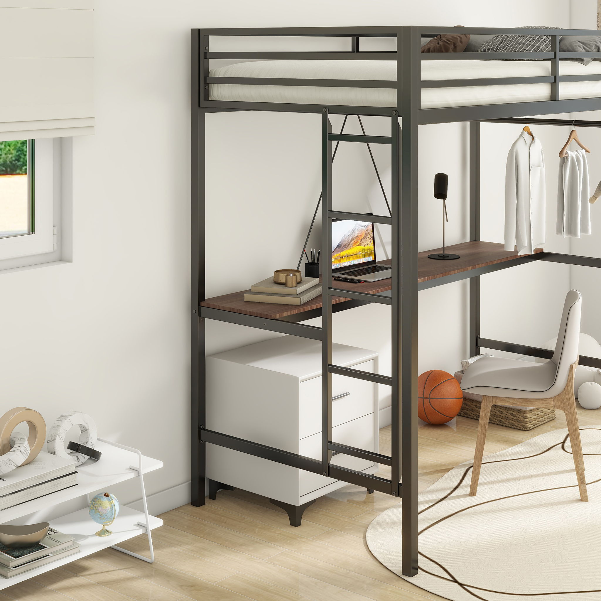Adam - Twin Loft Bunk Bed With Cinnamon Wood Desk And Closet Rod - Black