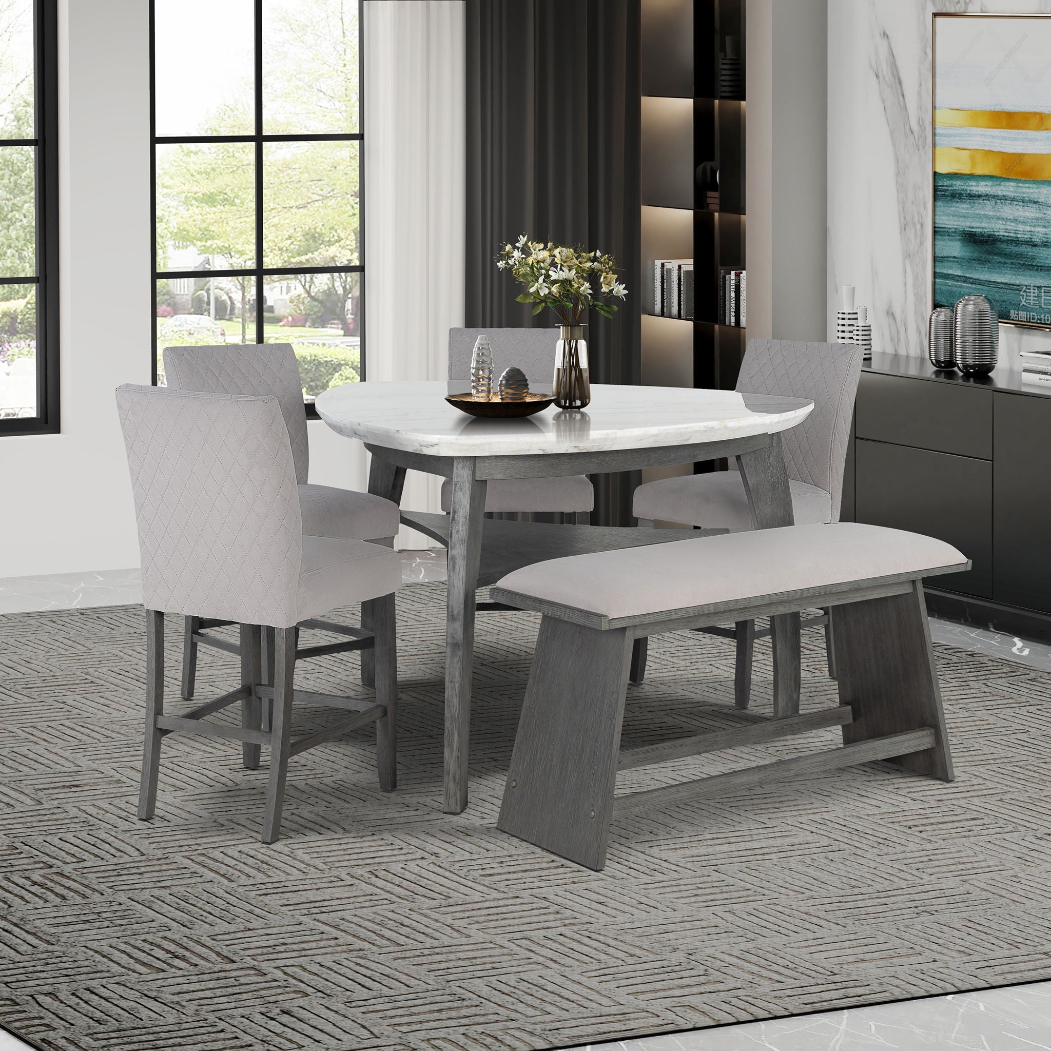 Jasmine - Bar Table With Arched Legs And Marble Top, Triangular Shape - Gray