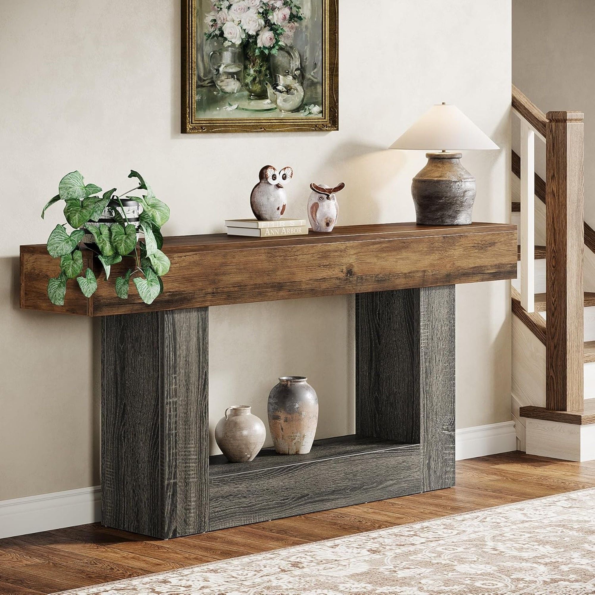 Console Table With 2 Tier Storage, U Shaped Base