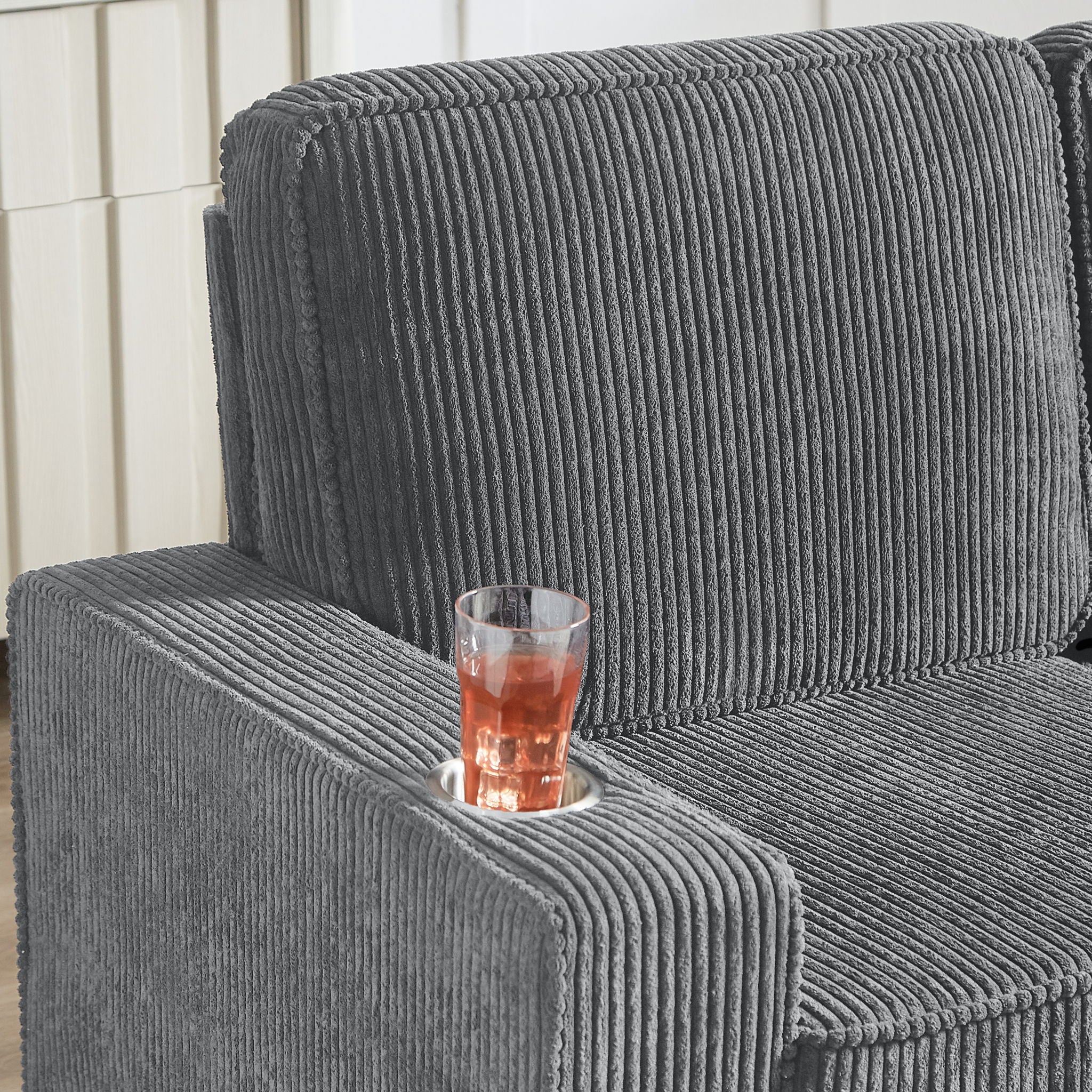 Modern Corduroy Fabric Sofa, 3 Seater Compressed Couch With Cup Holders