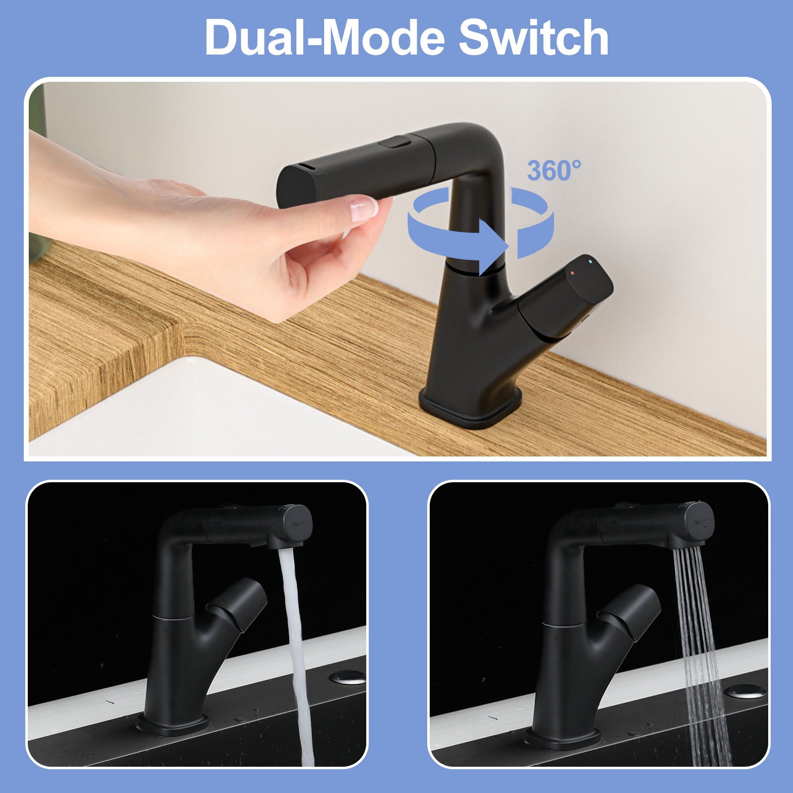 Pull Down Bathroom Sink Faucet With Three Water Modes And Construction - Matte Black