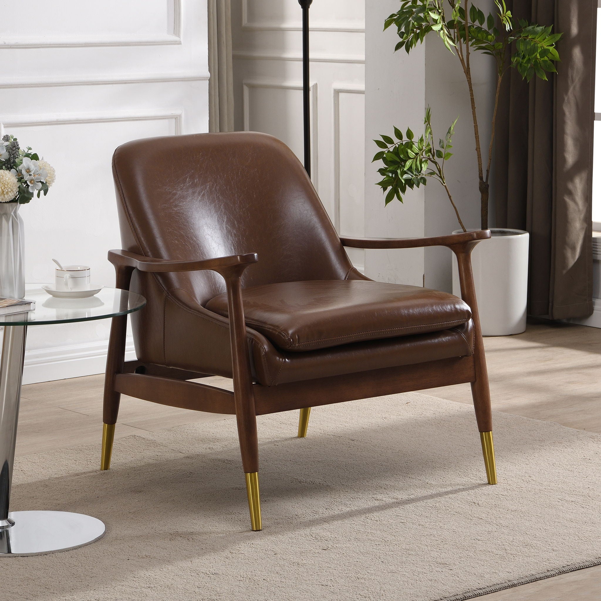 Mid - Century Accent Chair With Cushioned Seat, Brass Tipped Legs