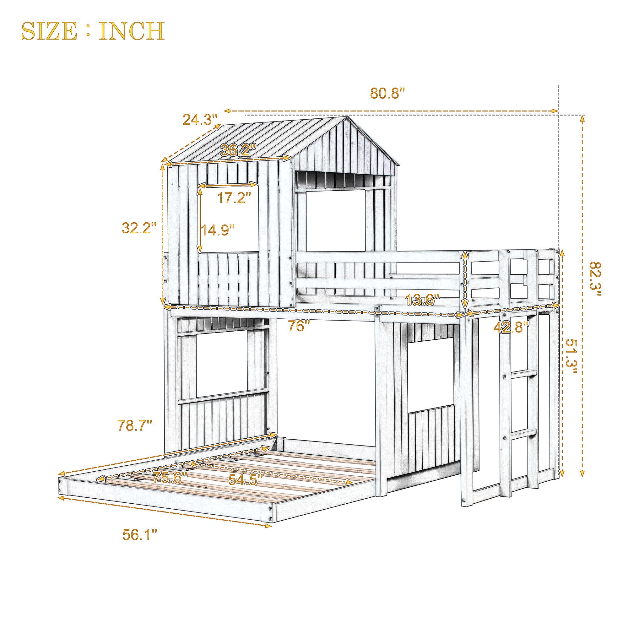 Twin Over Full Bunk Bed, With Playhouse, Farmhouse, Ladder And Guardrails - White