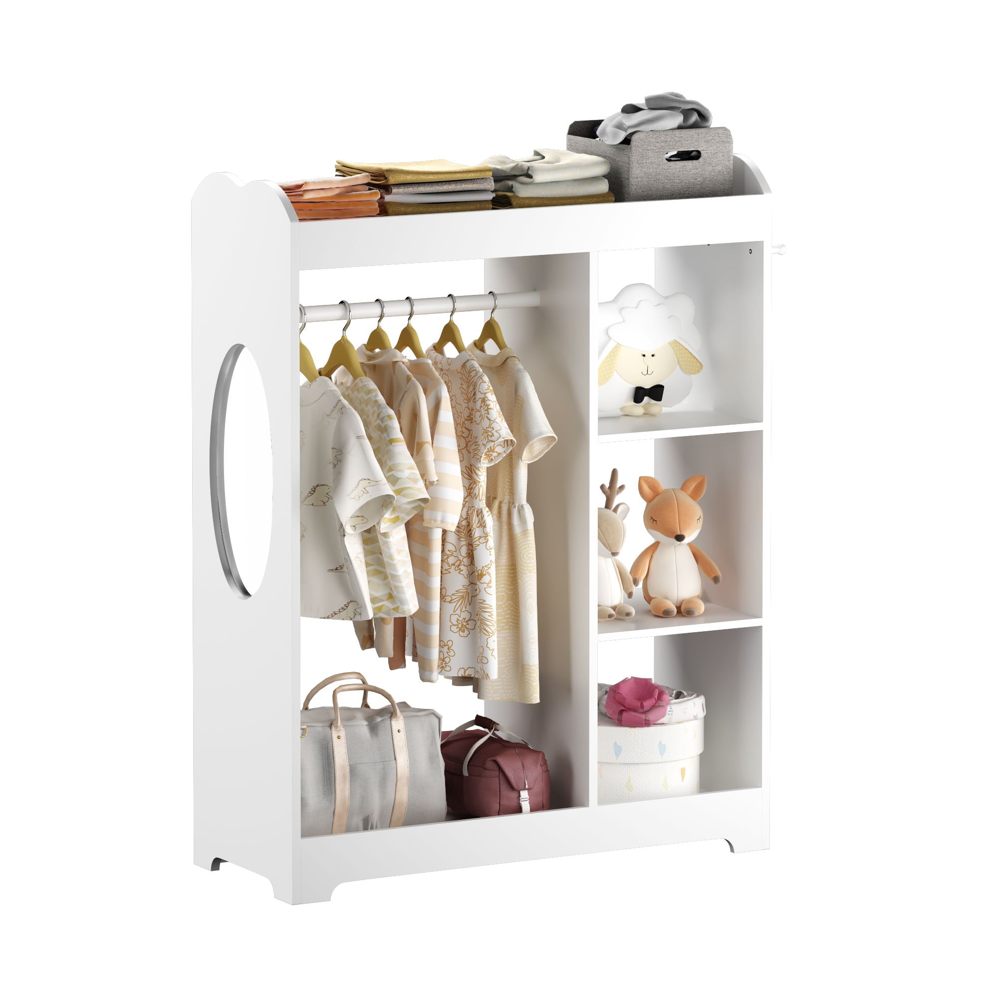 Dress Up Storage With Mirror And Hooks, Clothes Rack With Hanging Rod, 3 Side Hooks, Open Shelves, Top Shelf Organizer - White