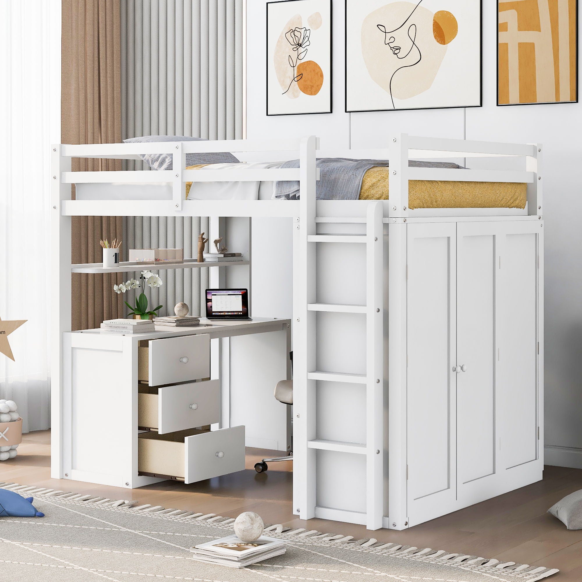 Loft Bed With Drawers, Desk, And Wardrobe