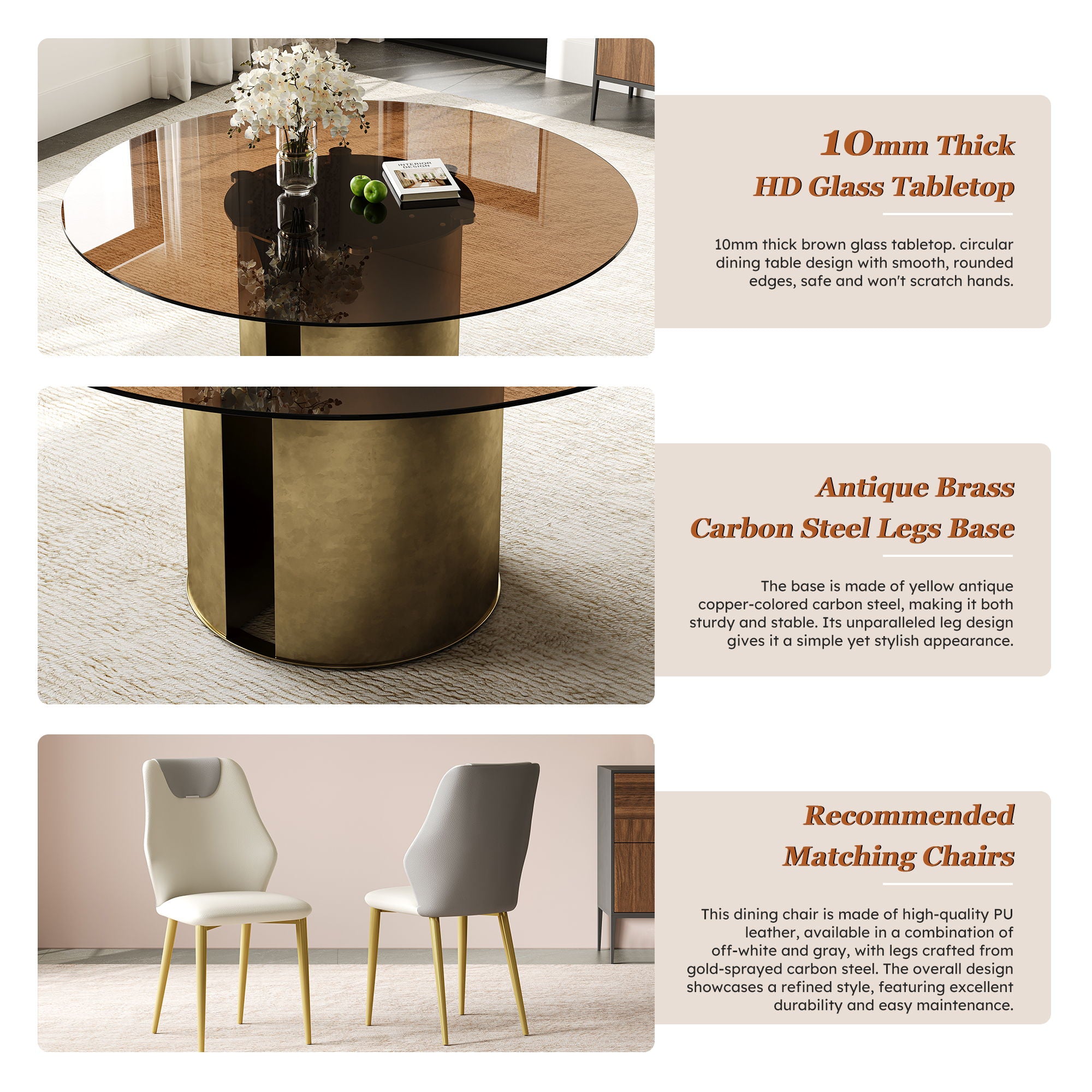 Modern Round Dining Table Set With Glass Top And Steel Legs