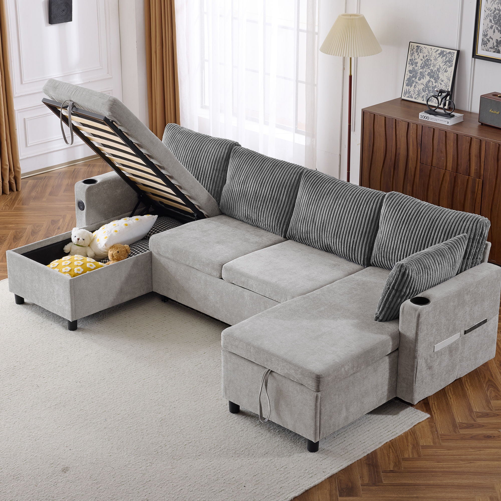 Sectional Sofa Bed With Pull Out Sleeper, USB Ports, Cup Holders