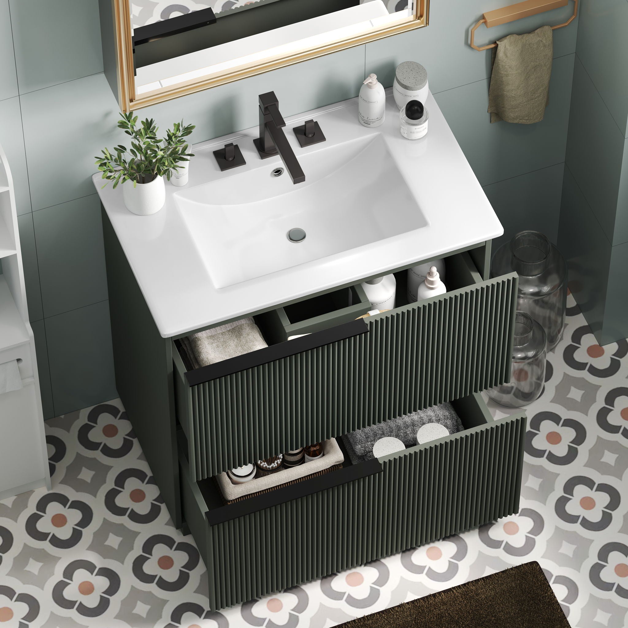 Fluted Bathroom Vanity With Ceramic Sink, Soft Close Slides