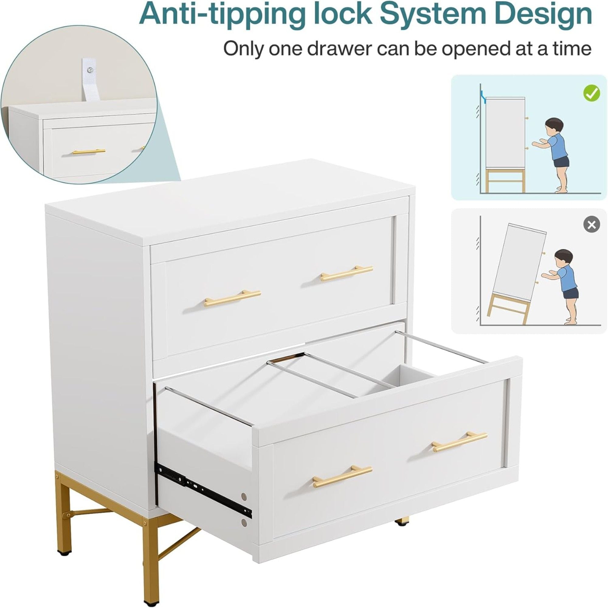2 Drawer Lateral File Cabinet With Anti Tilt Safety, Filing Storage For Letter / Legal / A4 Files - White