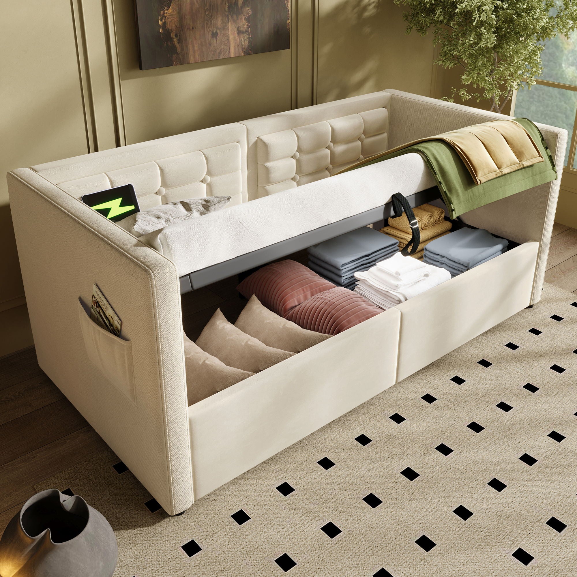 Upholstered Hydraulic Storage Daybed With USB & Type C Charging