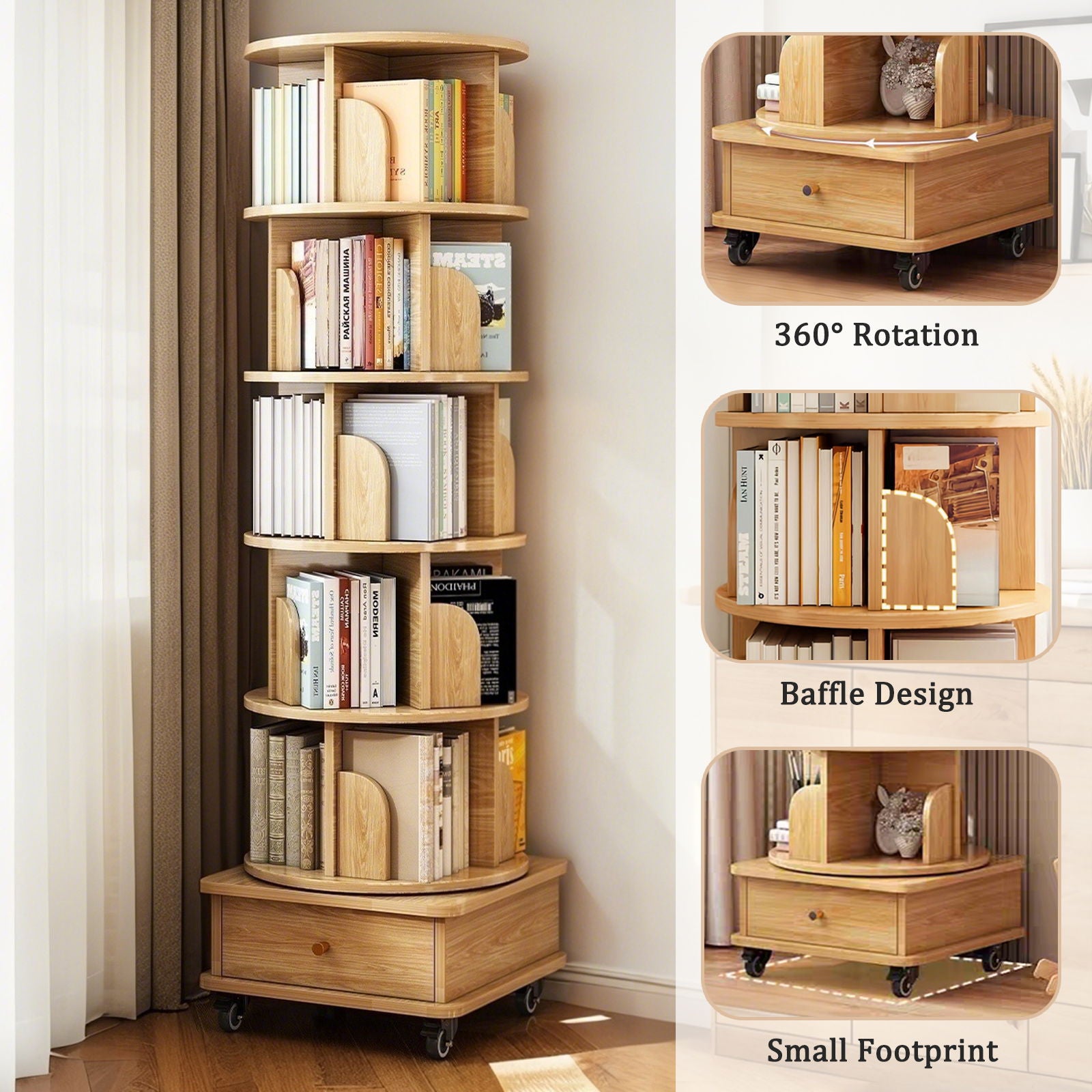 6 Tier Rotating Bookshelf With Wheels And Drawer, 360° Spinning Design, Space Saving Storage, For Home - Wood - Best Buy Furniture