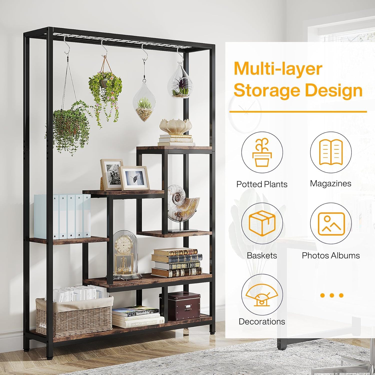 5 Tier Plant Stand With 6 Hooks For Living Room - Brown / Black