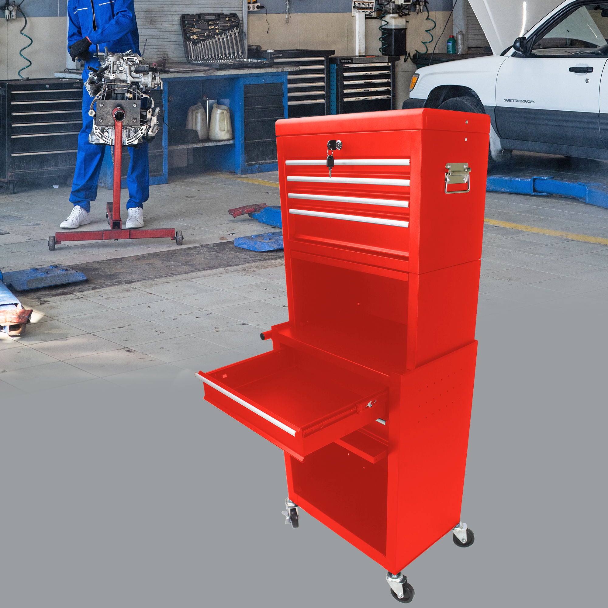 6 Drawer Lockable Tool Cabinet On Wheels, Steel Rolling Tool Chest With Detachable Toolbox