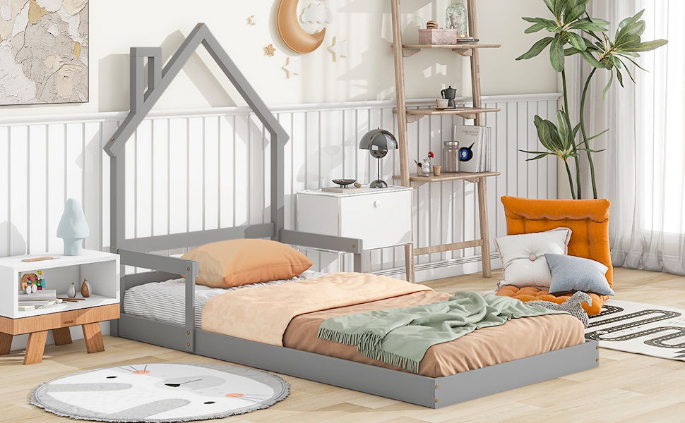 Twin House-Shaped Headboard Floor Bed With Handrails, Slats