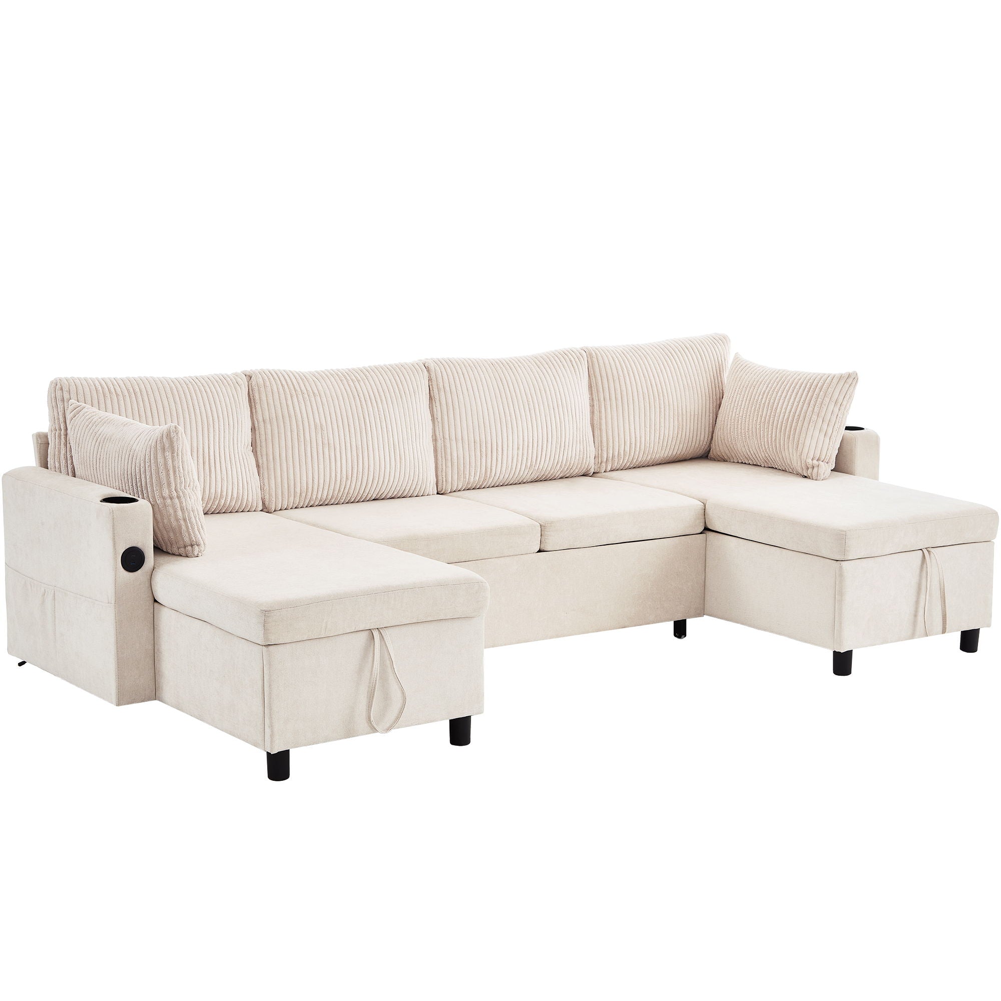 Sectional Sofa Bed With Pull Out Sleeper, USB Ports, Cup Holders