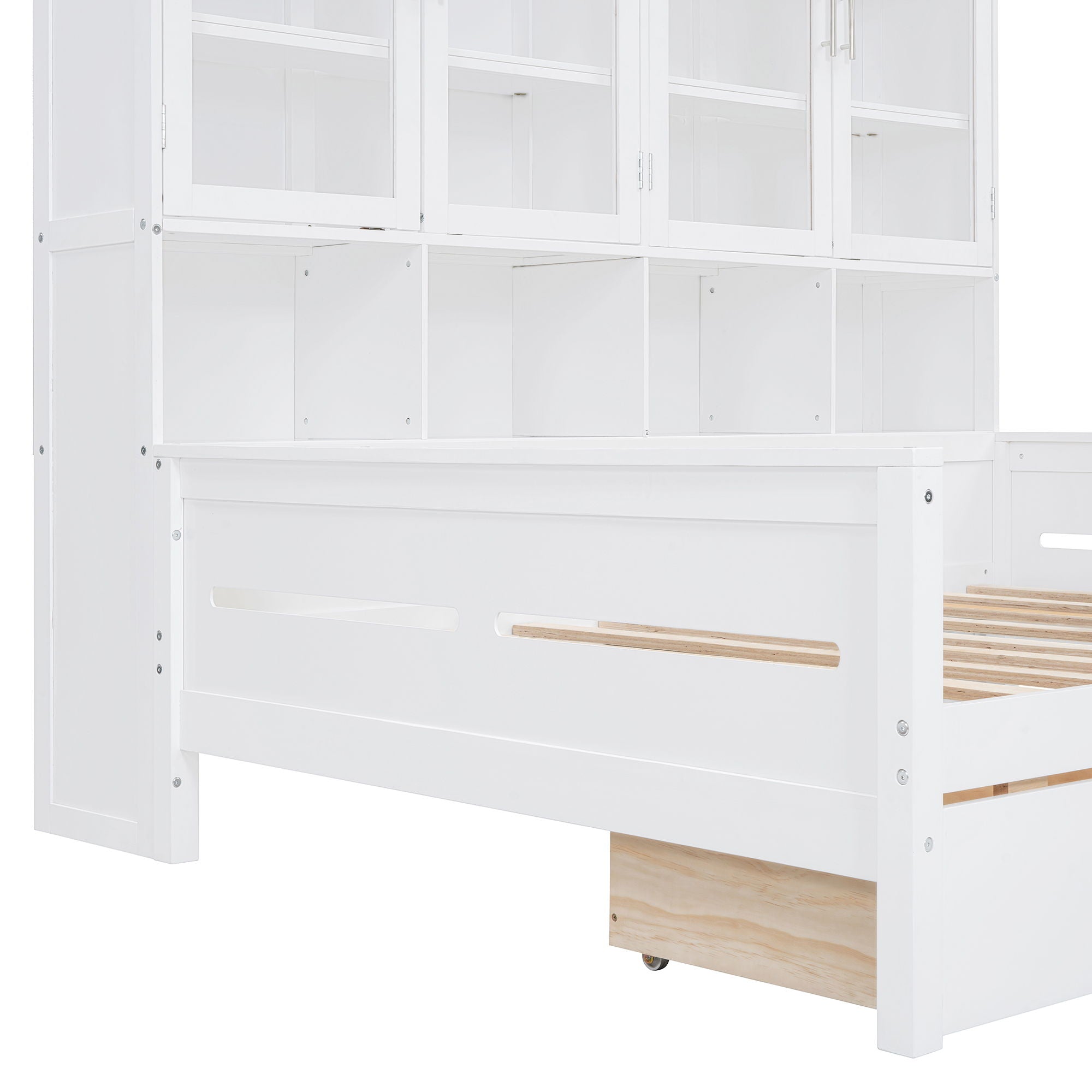 Daybed With Glass Door Storage Cabinets, Built In LED Lighting And Shelves