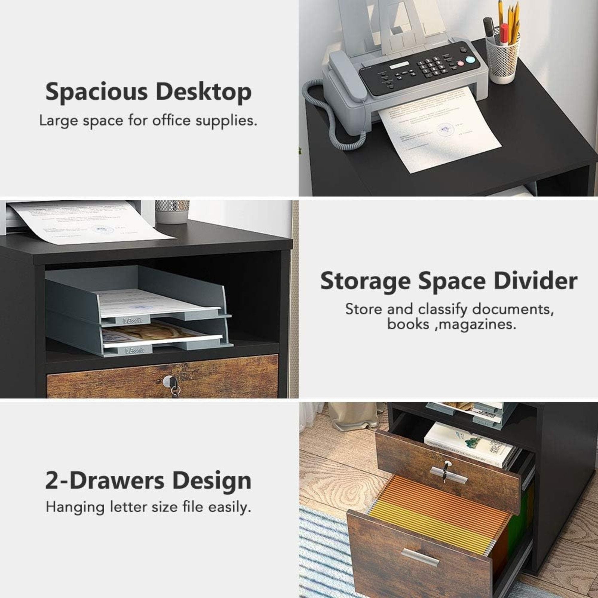 2 Drawer Mobile File Cabinet With Lock, Rolling Printer Stand For Letter Size Files - Black / Brown