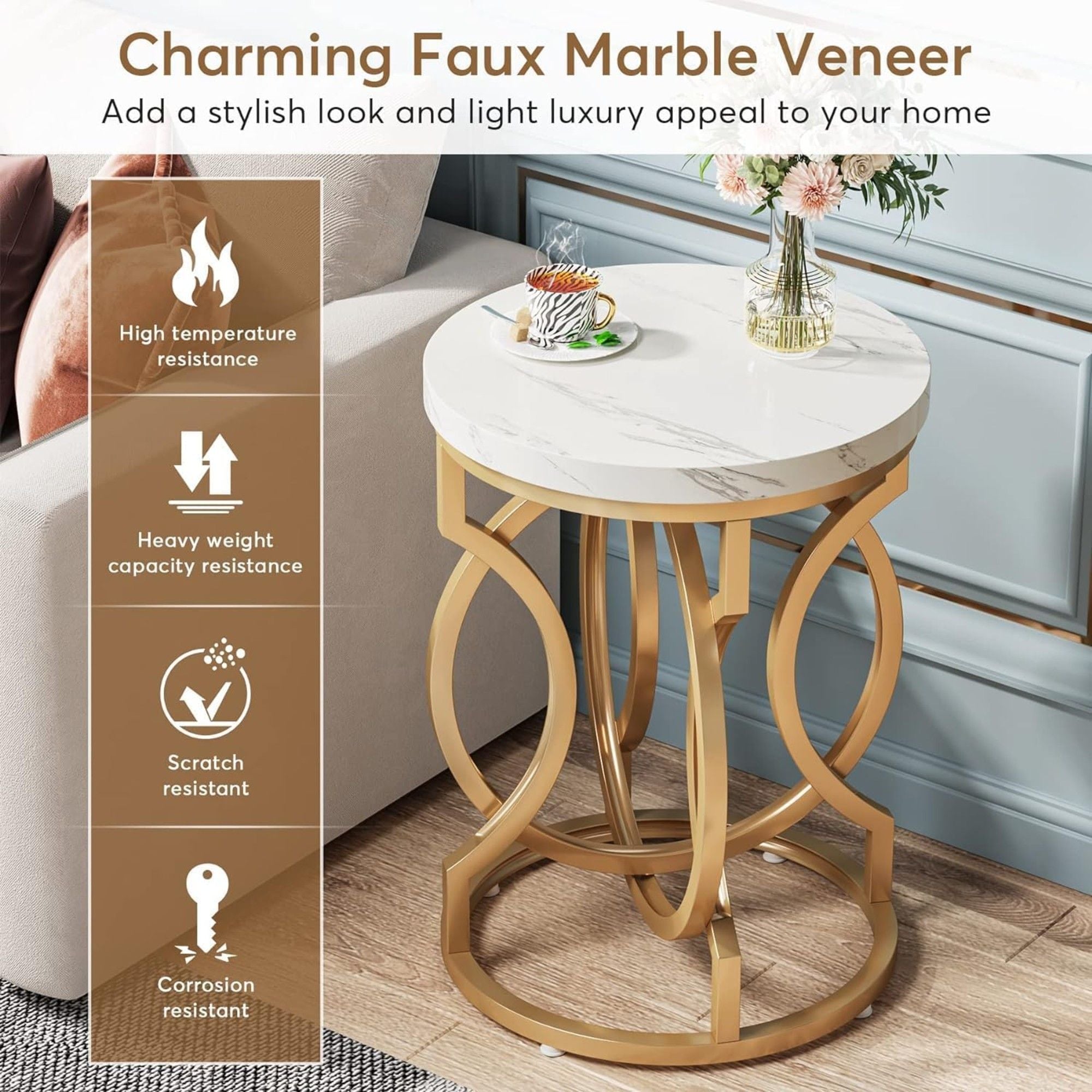 Round End Table With O-Shaped Base - White / Gold