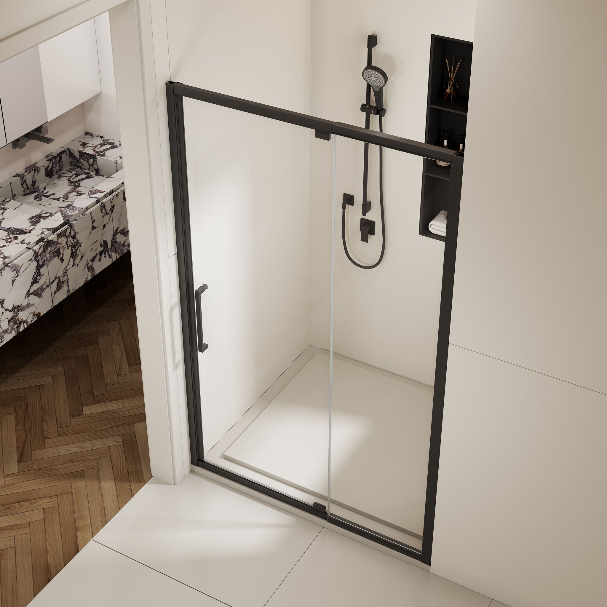 Scalable - Shower Door With 1 / 4" Clear Tempered Glass And Aluminium Alloy Frame - Matte Black
