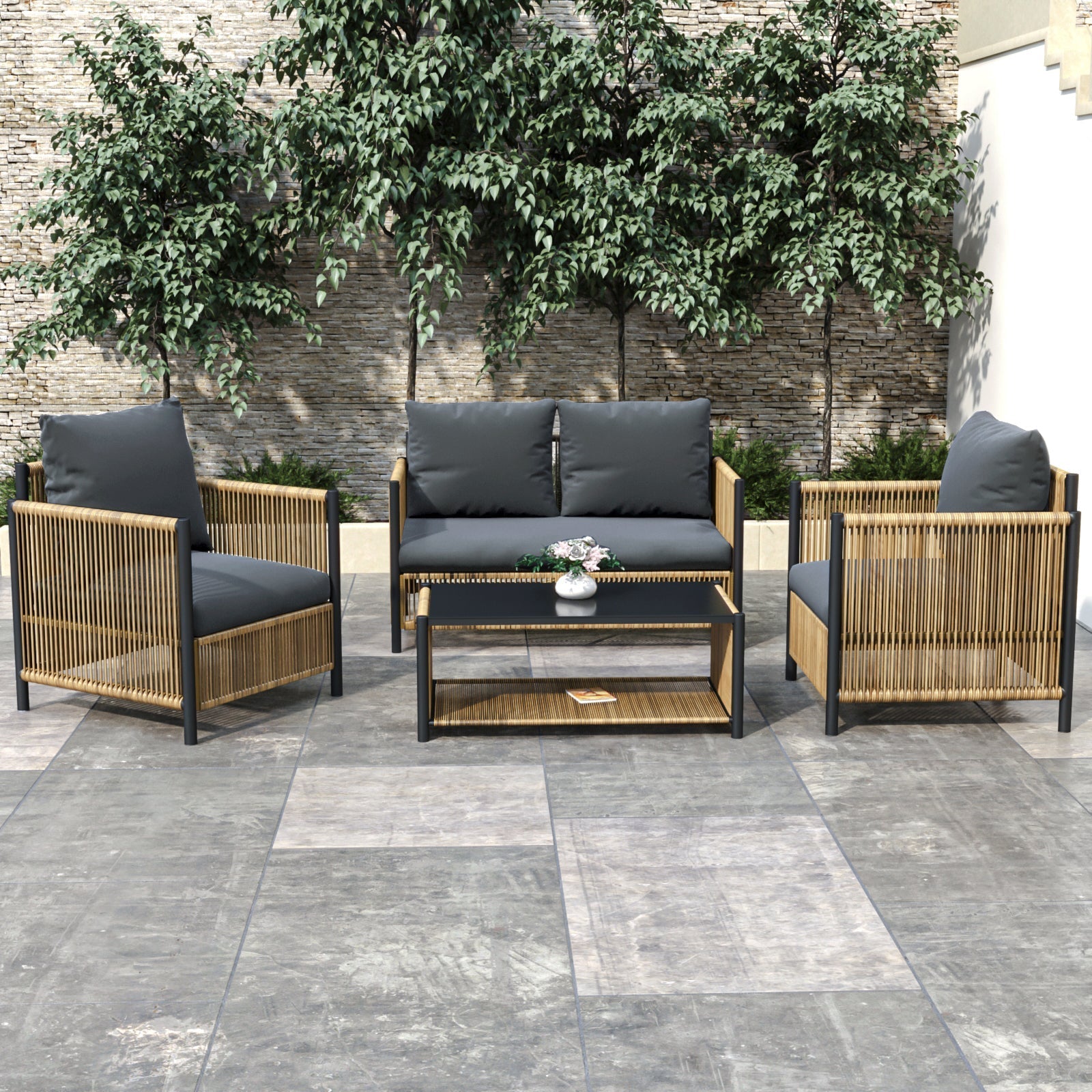 Patio 4-Piece Brown PE Wicker Sofa Set with Grey Cushions
