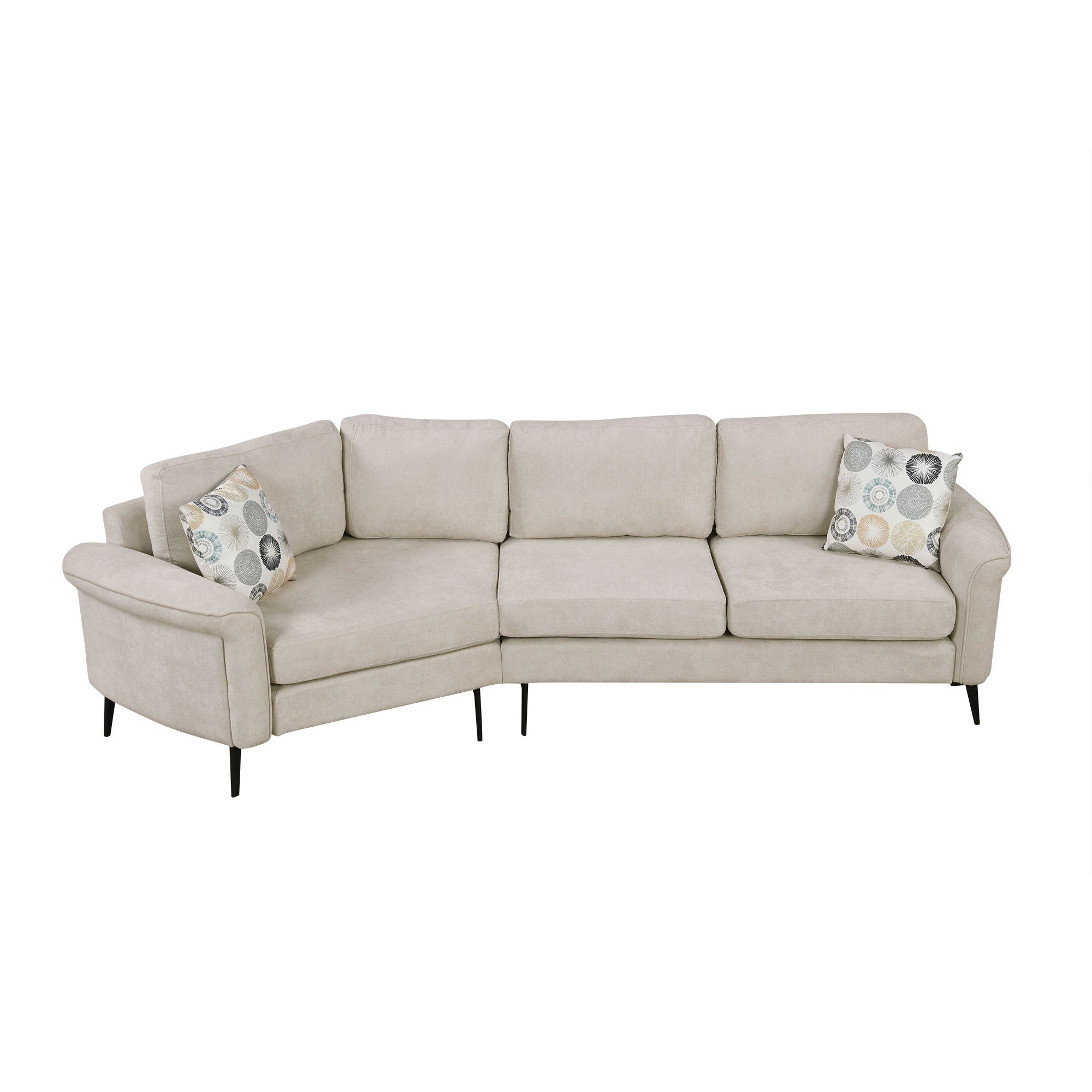 Upholstered 3 Seater Curved Sofa With Printed Pillows Chenille