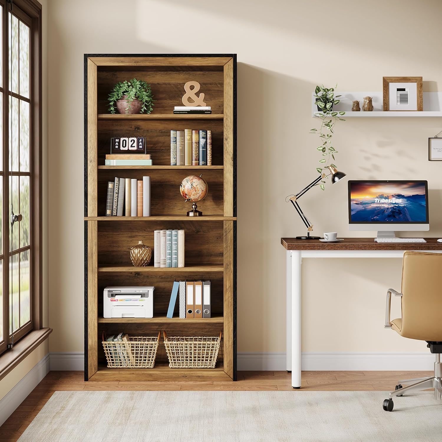 7 Tier Open Bookshelf Storage For Living Room - Black / Brown