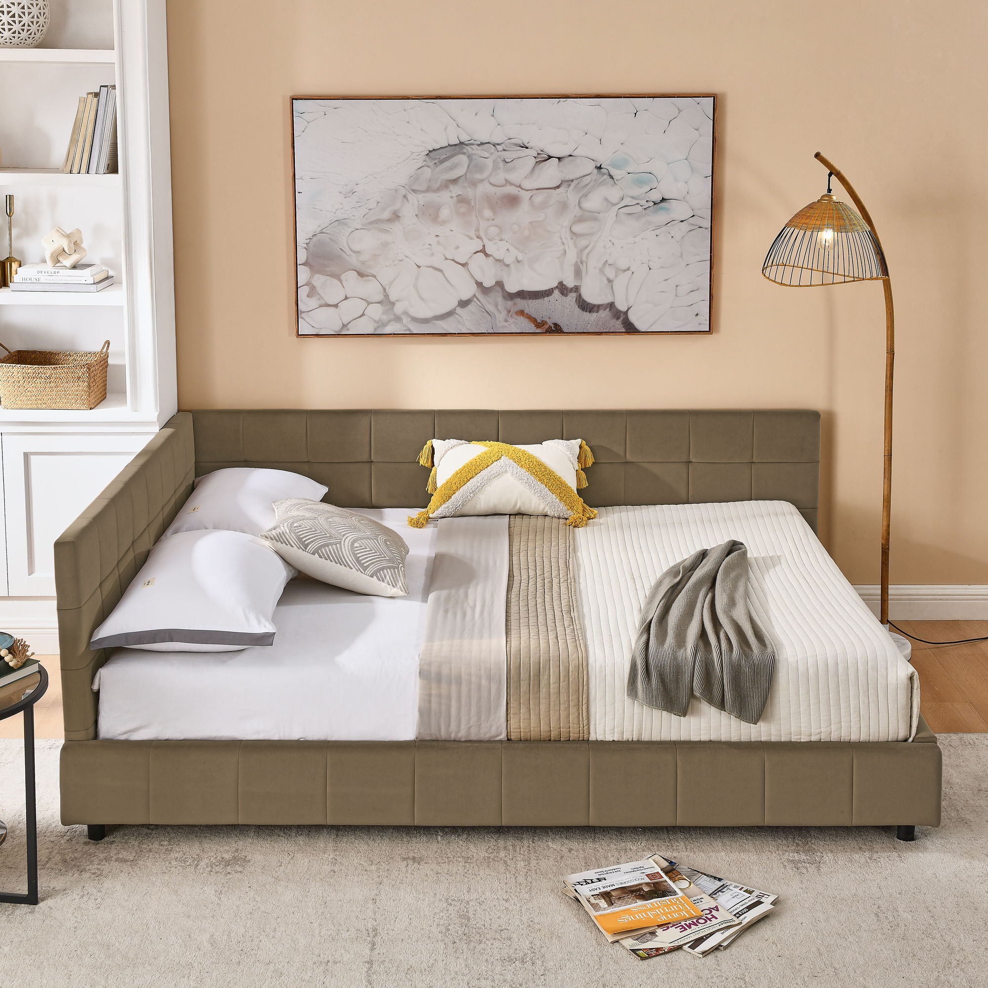 Mid-Century Storage Upholstered Tufted Bed Frame With Backrest And Armrests