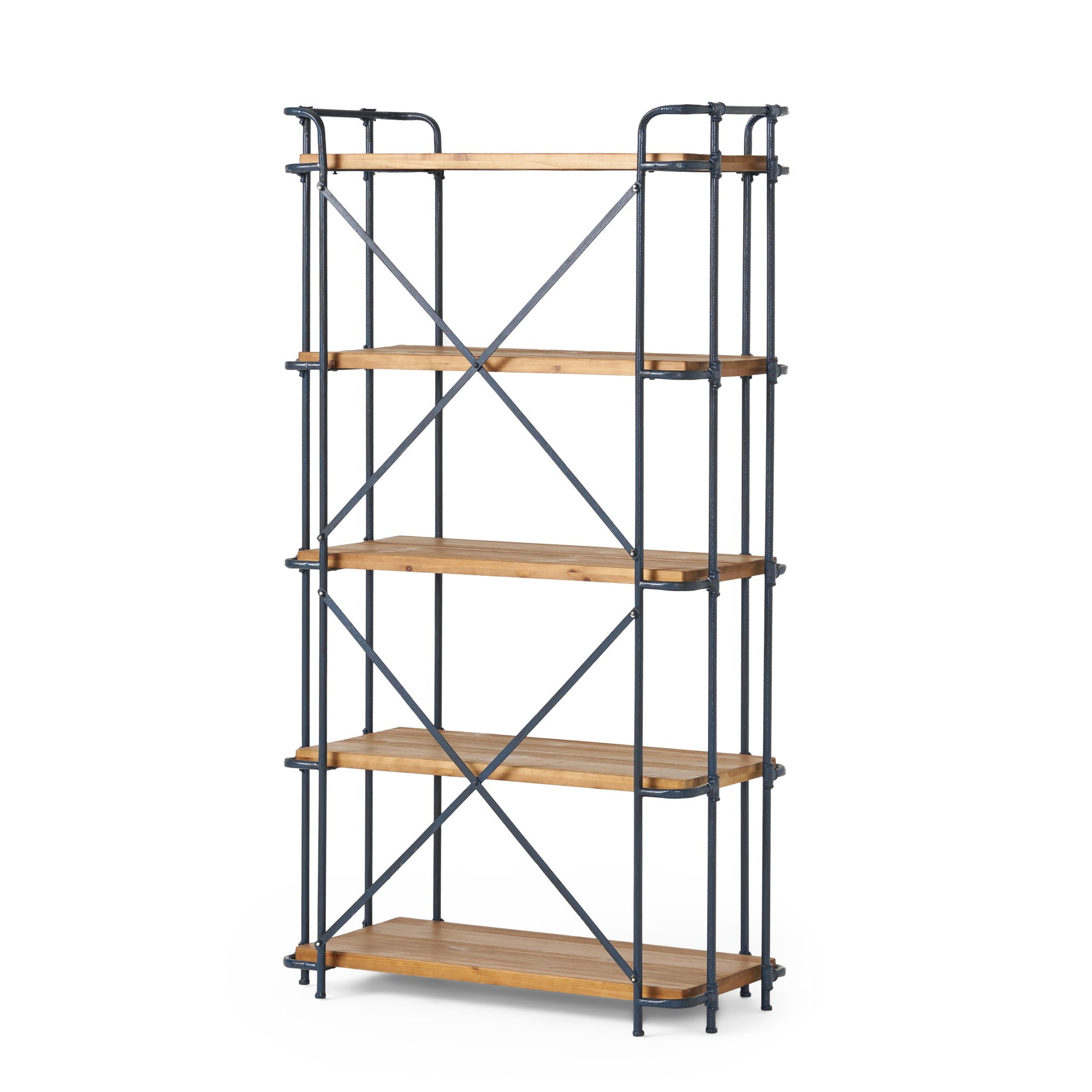 Yorktown - Industrial 5 Shelf Bookcase With Metal Pipework And Solid Fir - Natural