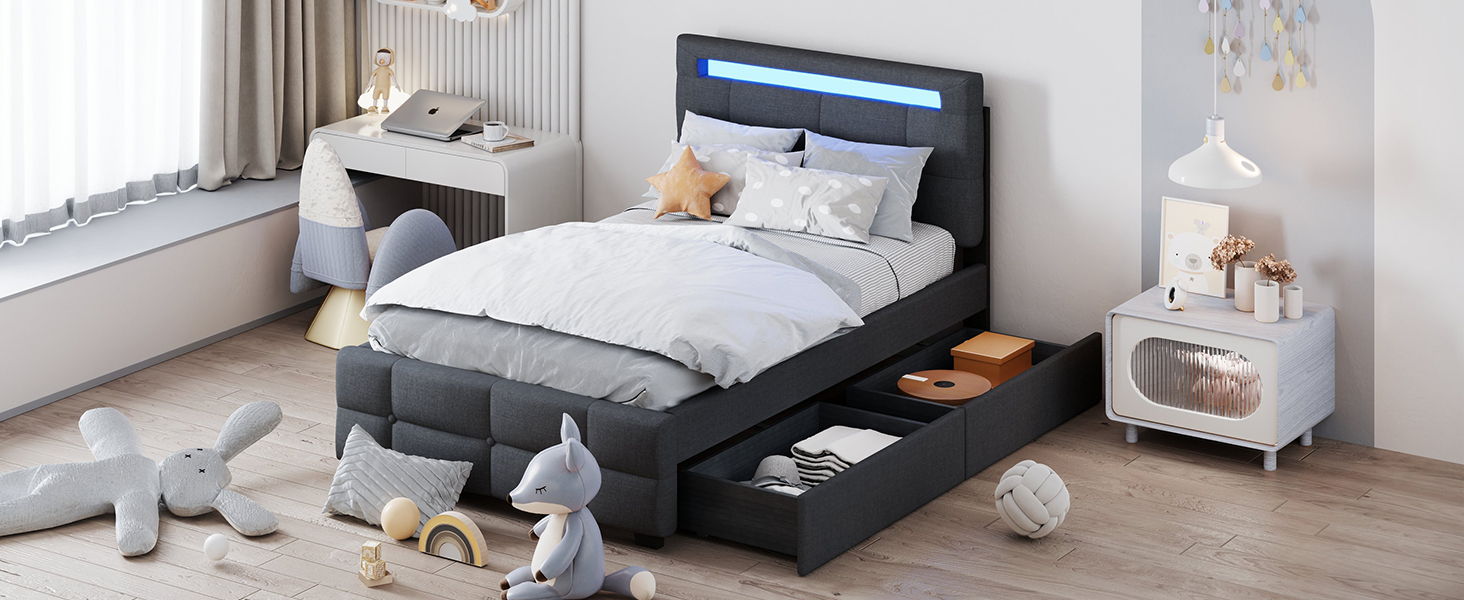 Upholstered Platform Bed With LED Frame, With Trundle And 2 Drawers
