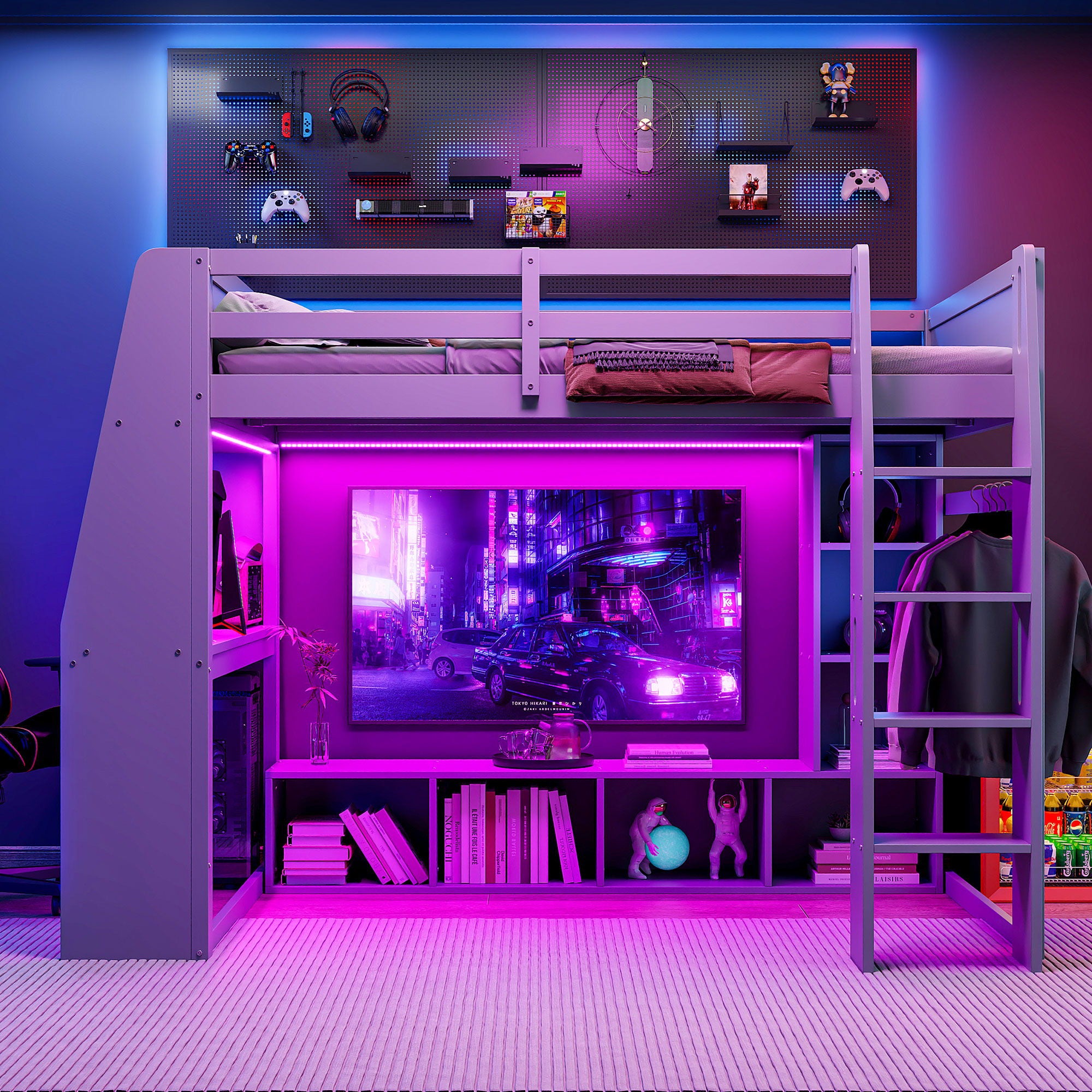 Full Size Gaming Loft Bed With Desk, Multi Storage Shelves, LED Lighting, And Hanging Clothes Rack - Gray