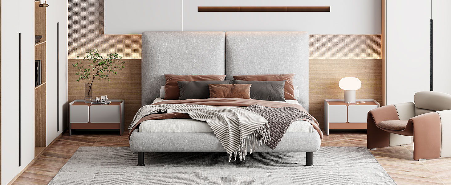 Upholstered Platform Bed With 2 Large Headrests And Thick