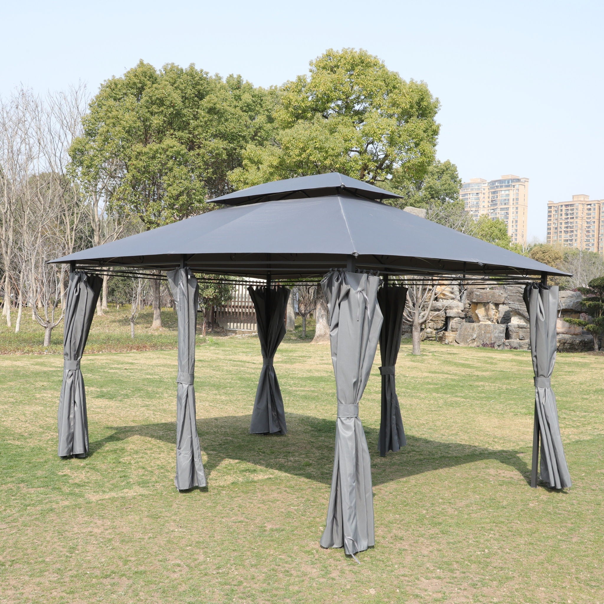 13 0 Ft Outdoor Patio Gazebo Canopy Tent With Ventilated Double Roof And Side Wall (Detachable Curtain Included On All Sides) Suitable For Lawn Garden Backyard And Deck - Gray