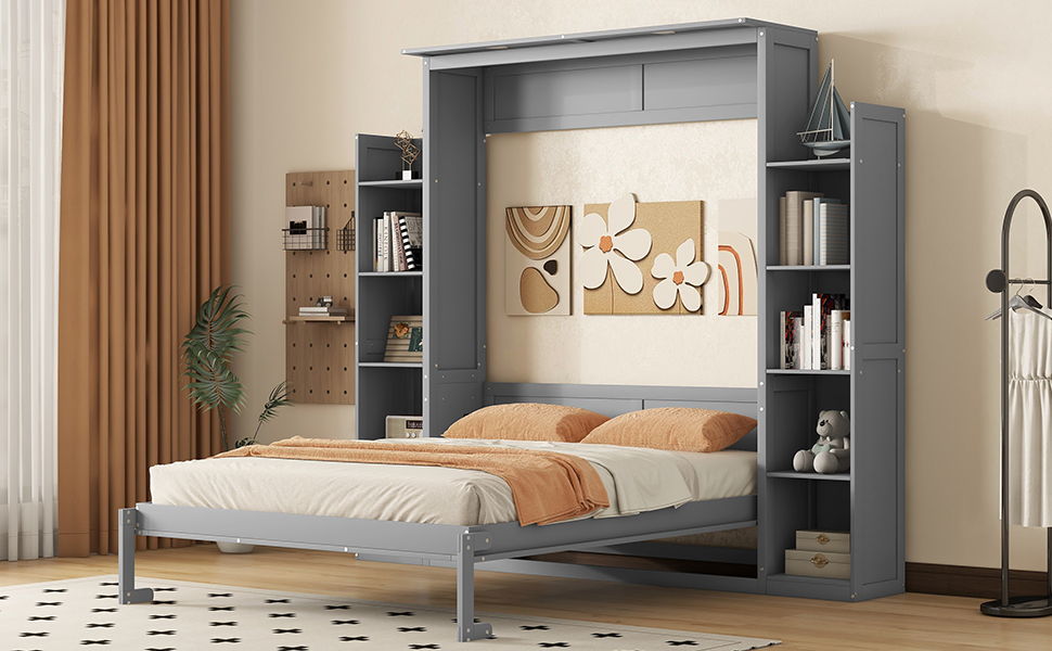 Wall Murphy Bed With Shelves And LED Lights