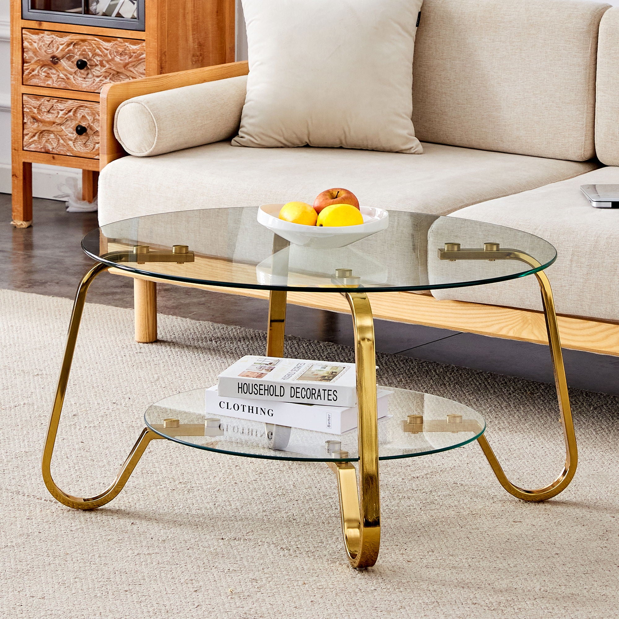Retro Minimalist Style Metal Frame Double Layer Tempered Glass Coffee Table