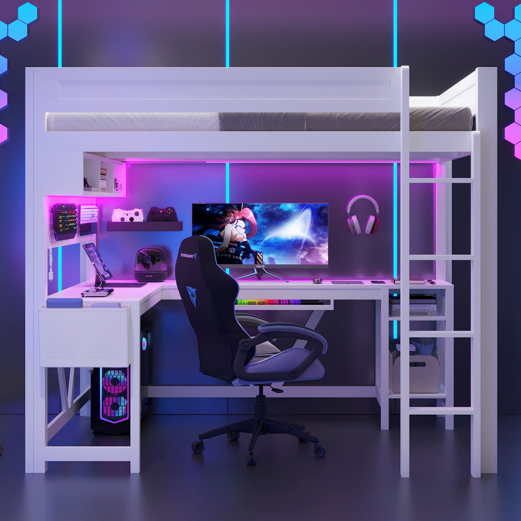 Gaming Loft Bed With Desk, Storage Shelves, LED And Charging Station