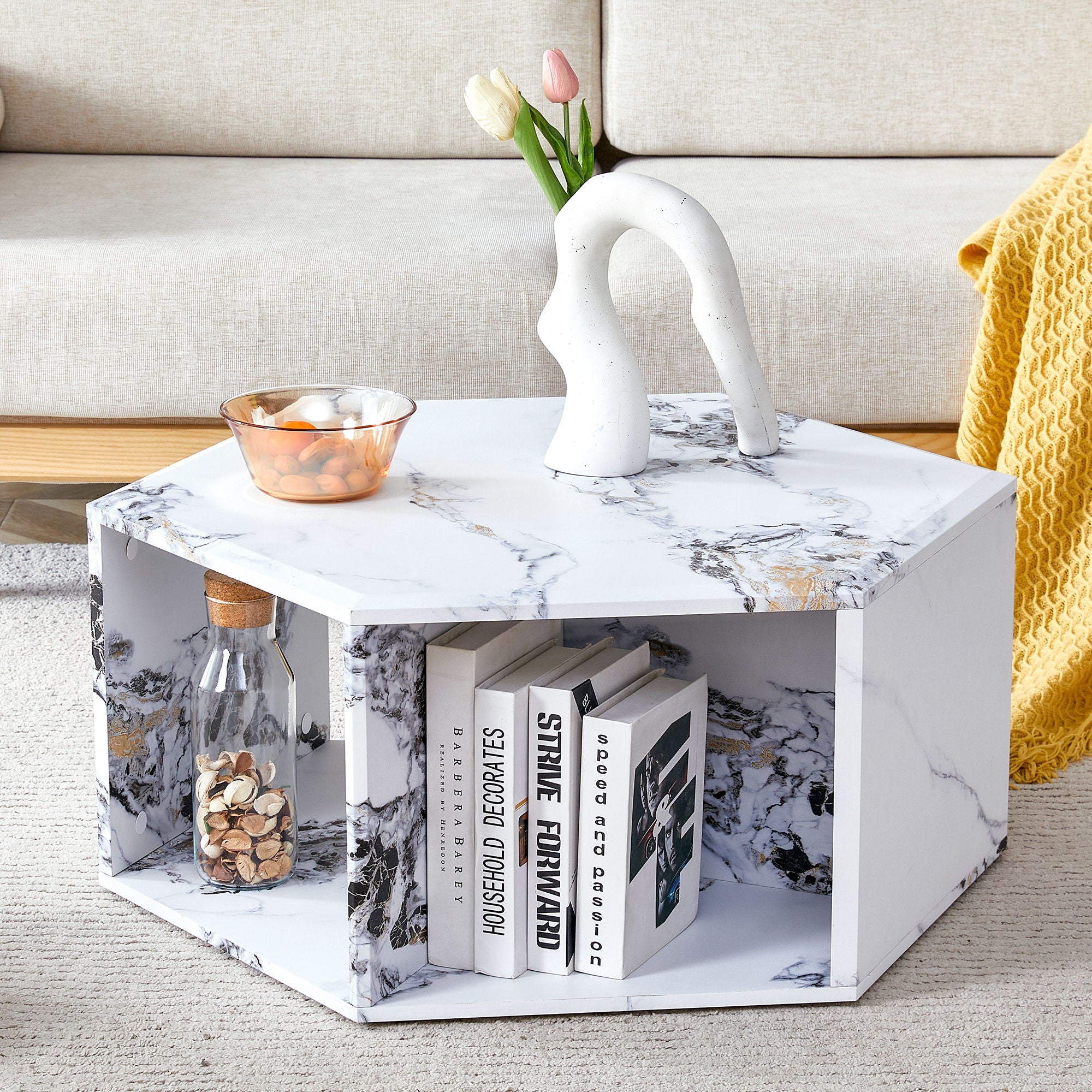 Hexagonal Coffee Table With Characteristic Pattern Stickers And Multi-Hole Design For Extra Storage