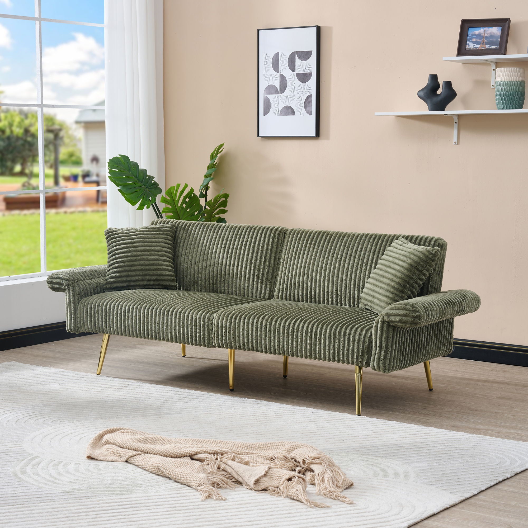 Luxury Corduroy Foldable Double Sofa Bed With Folding Armrests