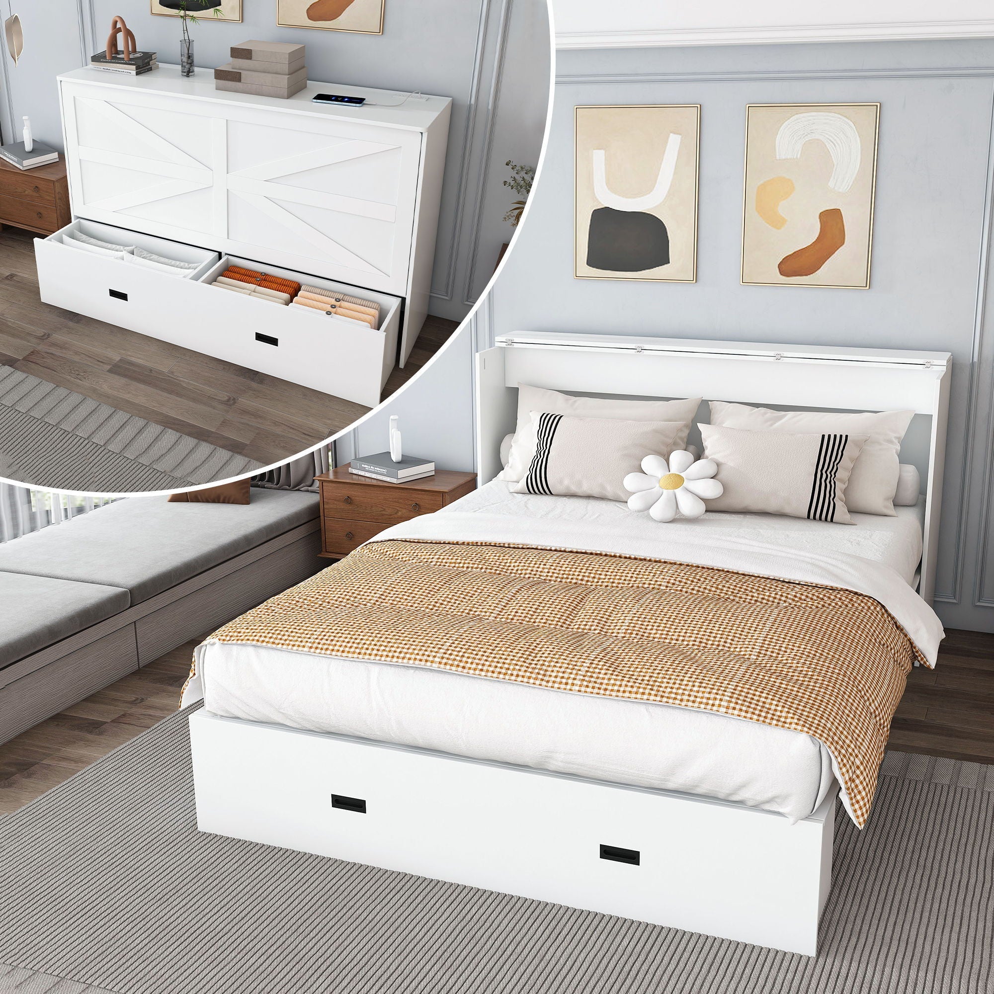 Murphy Bed With Storage Drawers And Charging Cabinet, Foldable Panels, Swivel Wheels