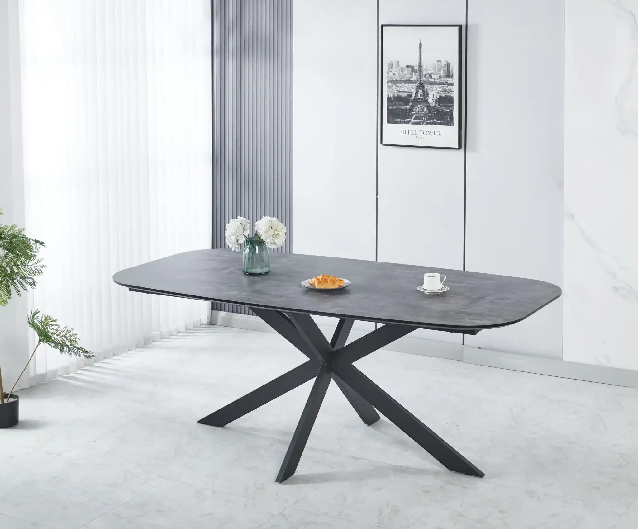 Modern Dining Table, MDF With Paper Finish, Metal Leg Powder Coating - Gray / Black