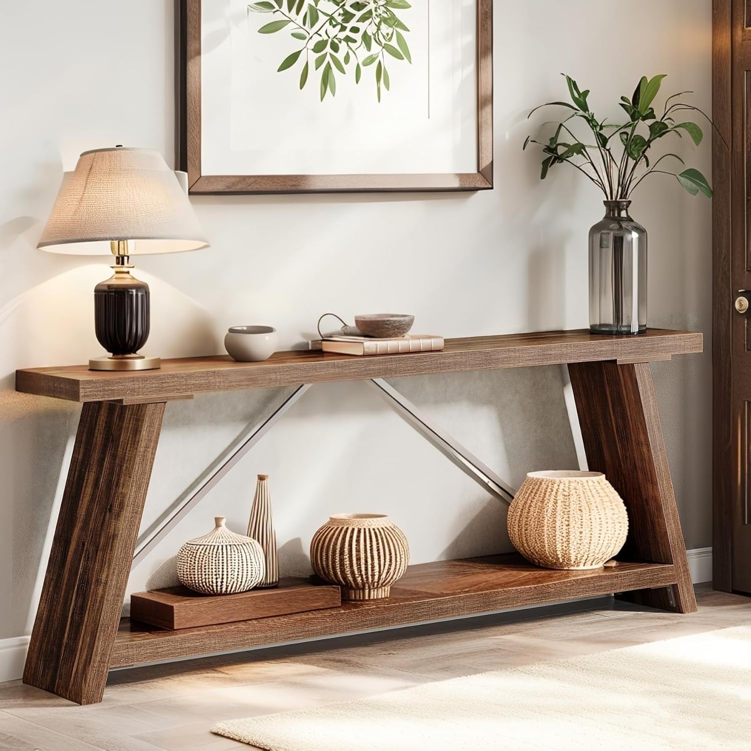 Extra Long Sofa Table With Storage For Living Entryway - Dark Walnut