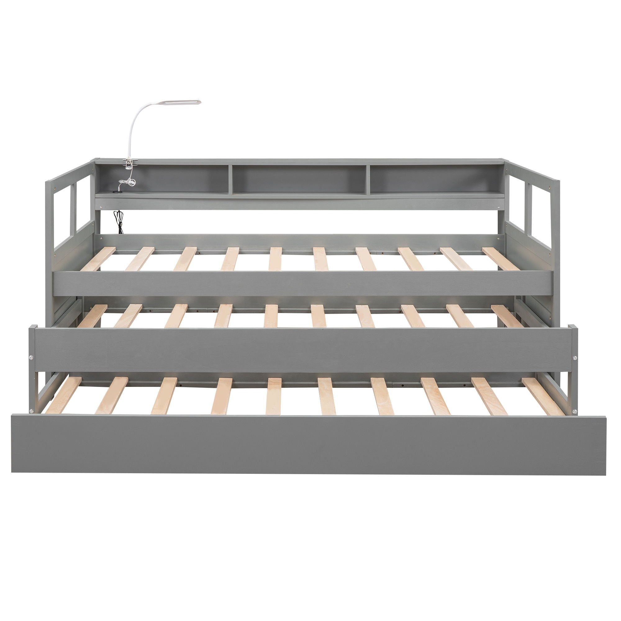Daybed With 2 Trundles, 3 Storage Cubbies, Built In USB Charging Light