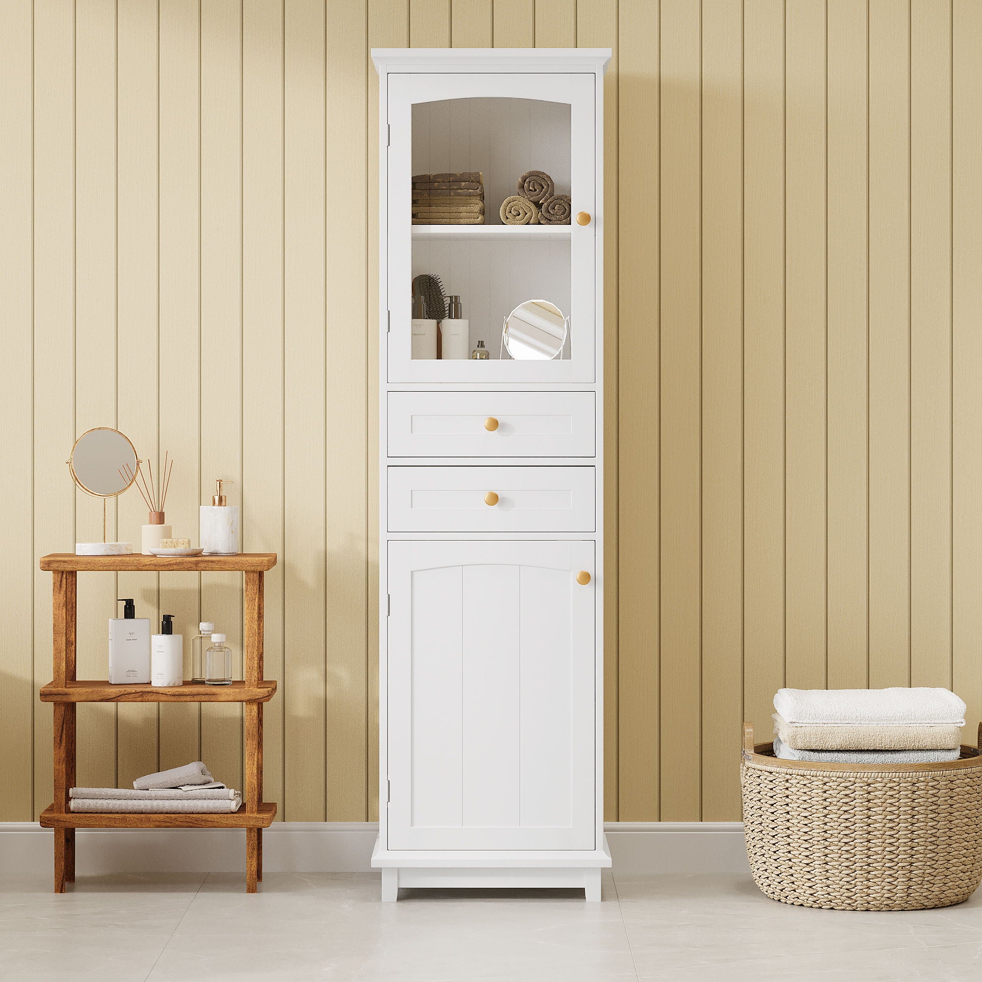 Tall Bathroom Storage Cabinet With Glass Doors, Free-Standing, Two Drawers, And Adjustable Shelves, MDF Board, Painted Perfect For Displaying Your Favorite Items