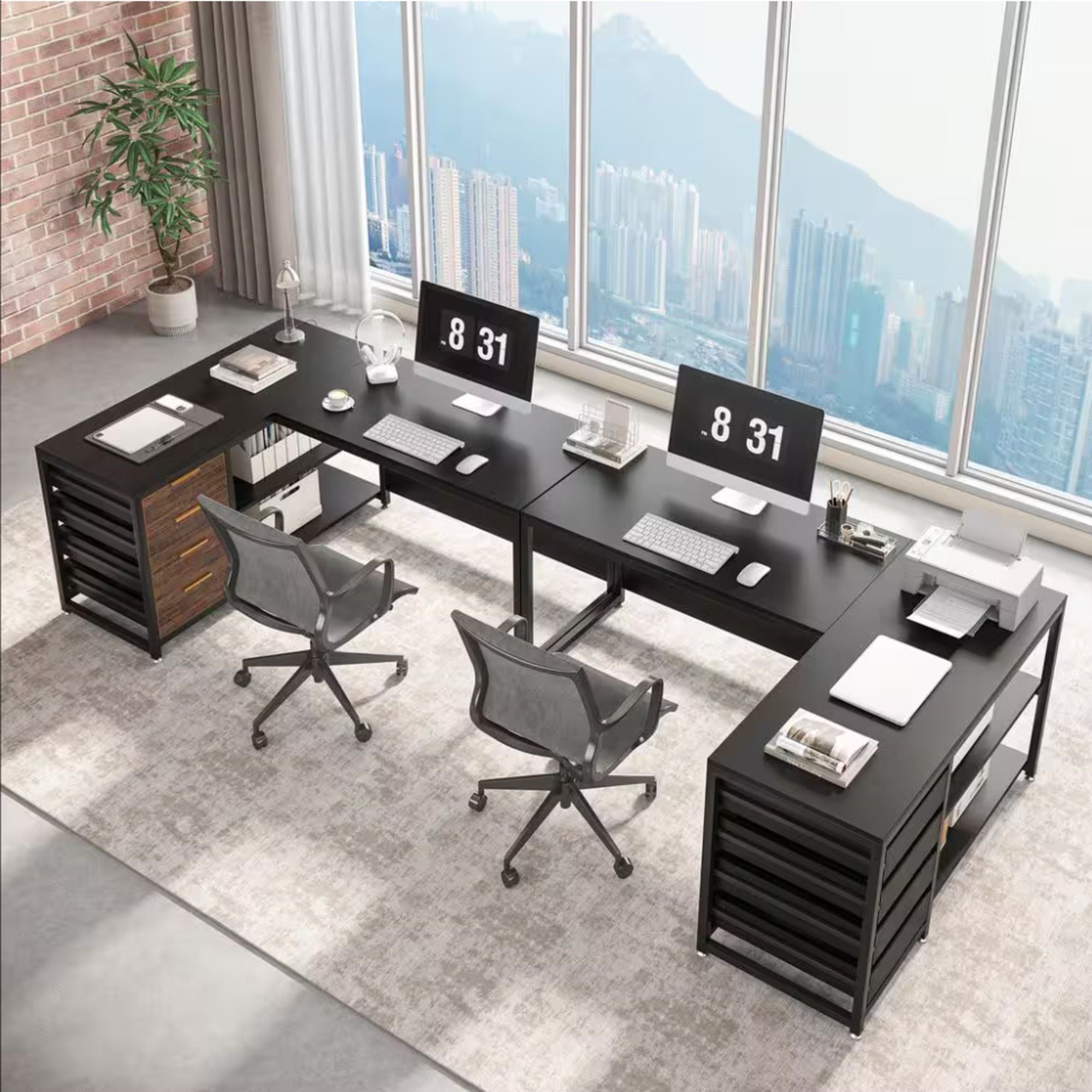 L-Shaped Computer Desk With Drawers And Shelves, Workstation For Home Office