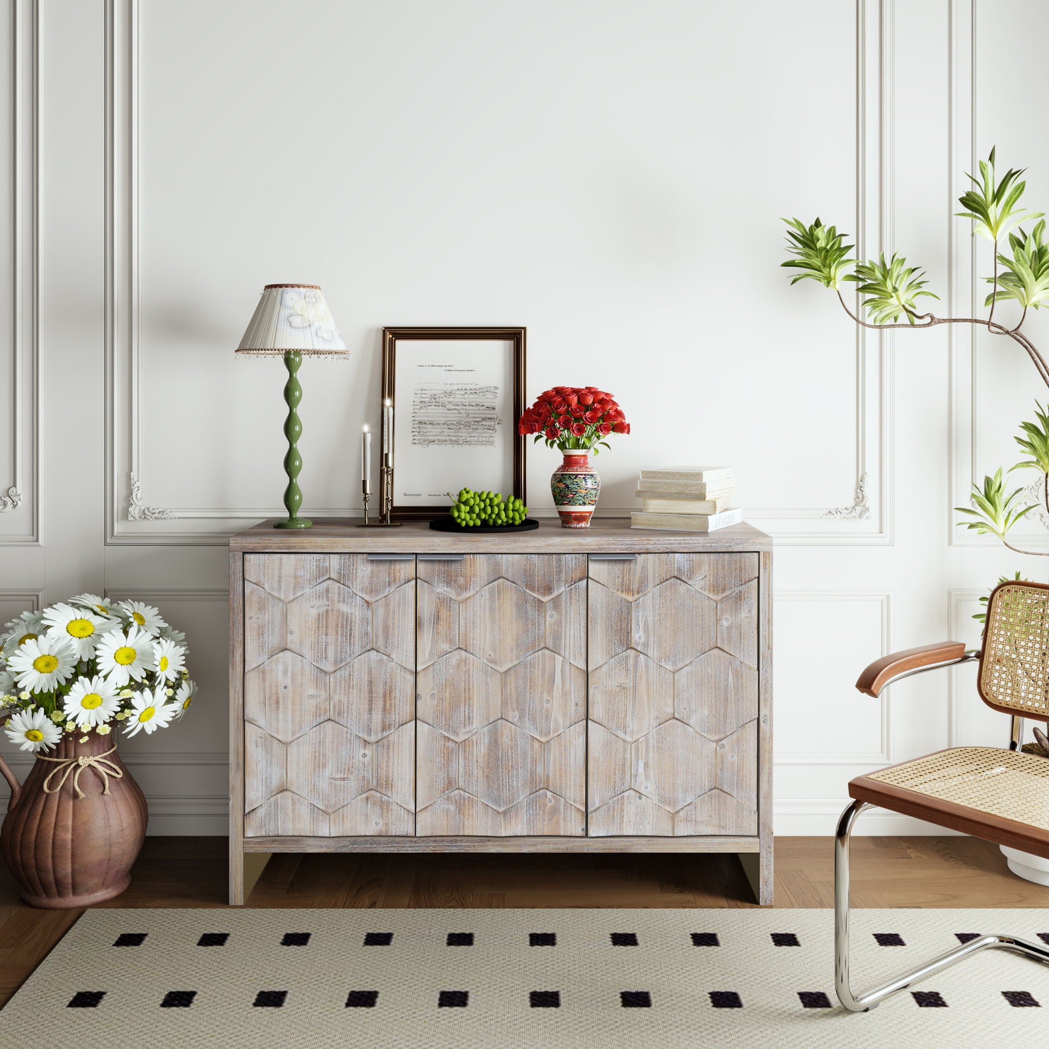 Accent Cabinet Farmhouse Style 3 Door Wooden Cabinet Sideboard Buffet Server Cabinet Storage Cabinet, For Living Room - Natural Wood Wash