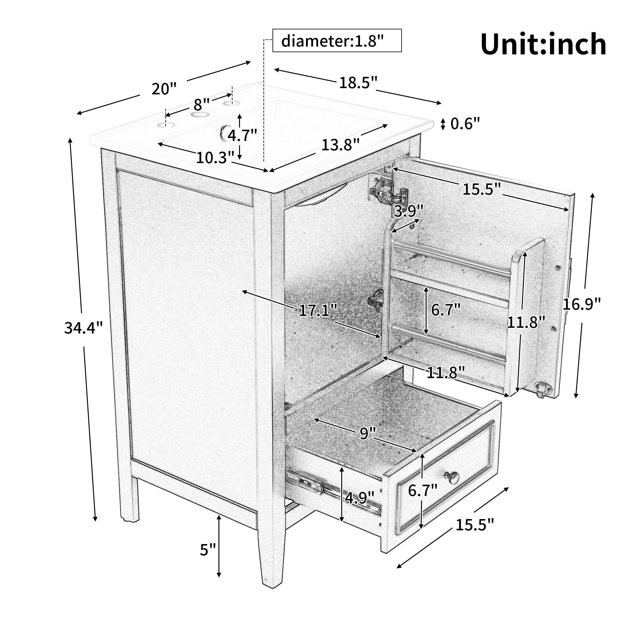 20" Bathroom Vanity With Sink, Bathroom Cabinet With A Door, Door Shelf Storage And Adiustable Foot Pads, A Drawer - Gray